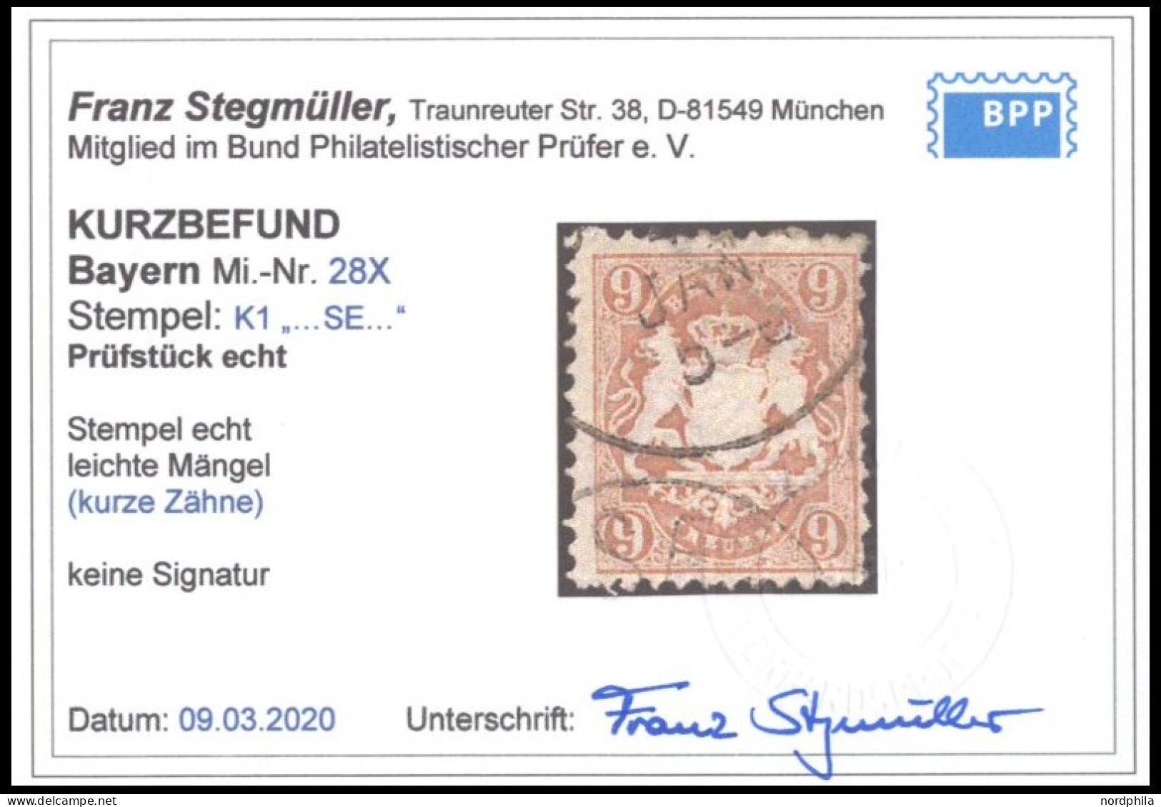 BAYERN 28X O, 1870, 9 Kr. Braun, Wz. Enge Rauten, Ein Paar Kurze Zähne Sonst Pracht, Kurzbefund Stegmüller, Mi. 600.- - Gebraucht