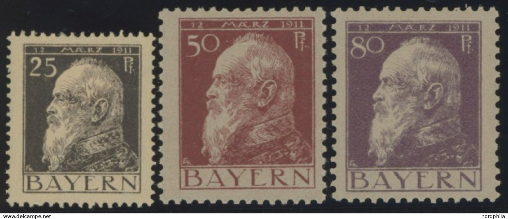 BAYERN 80,83,85I , 1911, 25, 50 Und 80 Pf. Luitpold, Type I, Falzrest, 3 Prachtwerte, Mi. 103.- - Mint