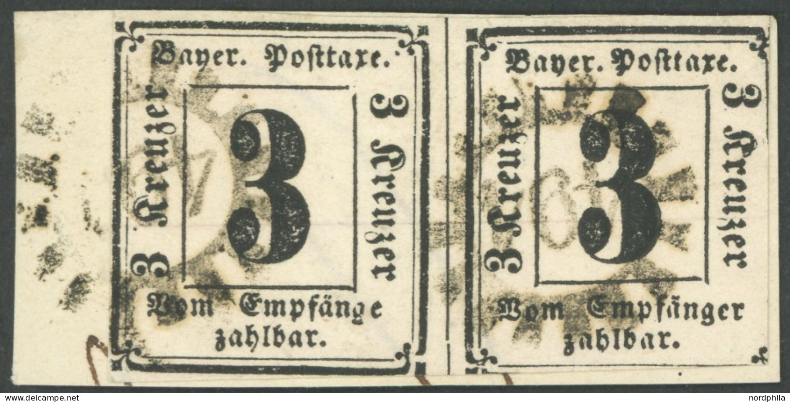 BAYERN P 1I,1 Paar BrfStk, 1862, 3 Kr. Schwarz Im Waagerechten Paar, Linke Marke Mit Abart Empfänge (Feld 13), Nummernst - Usados