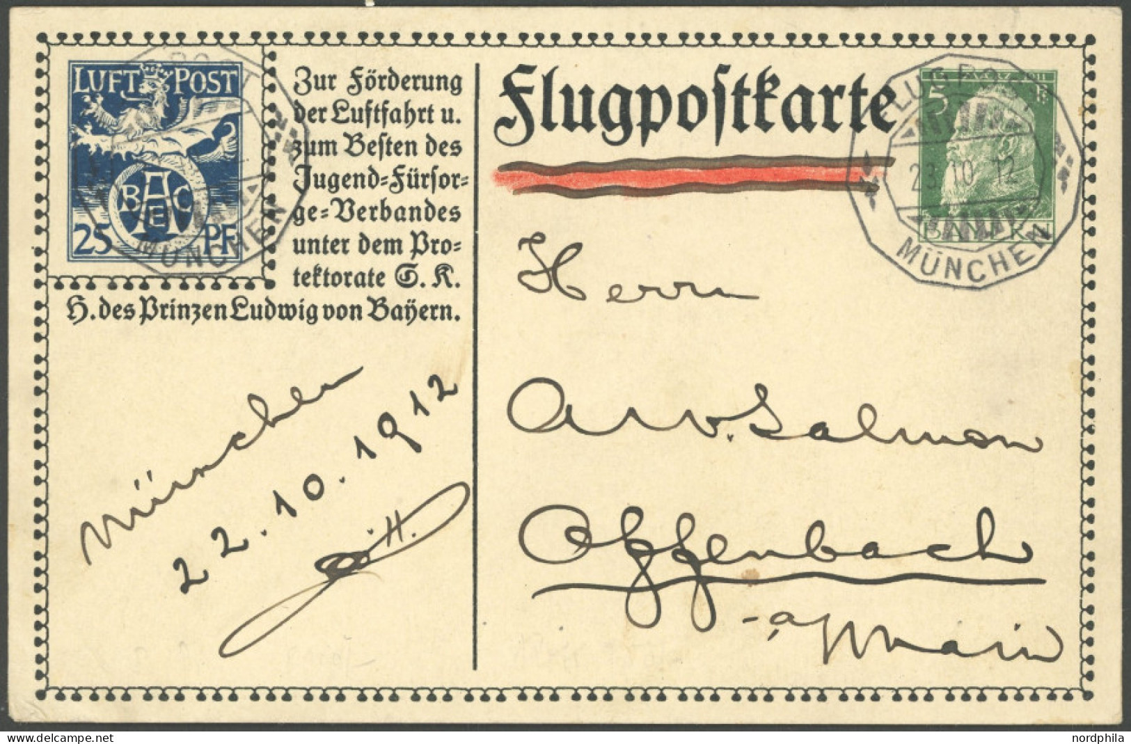 BAYERN SFP 1/02 BRIEF, 1912, 25 Pf. Blau (BAEC) Und 5 Pf. Grün, RS Alpenkette Mit Sonderstempel MÜNCHEN Nach Offenbach,  - Enteros Postales