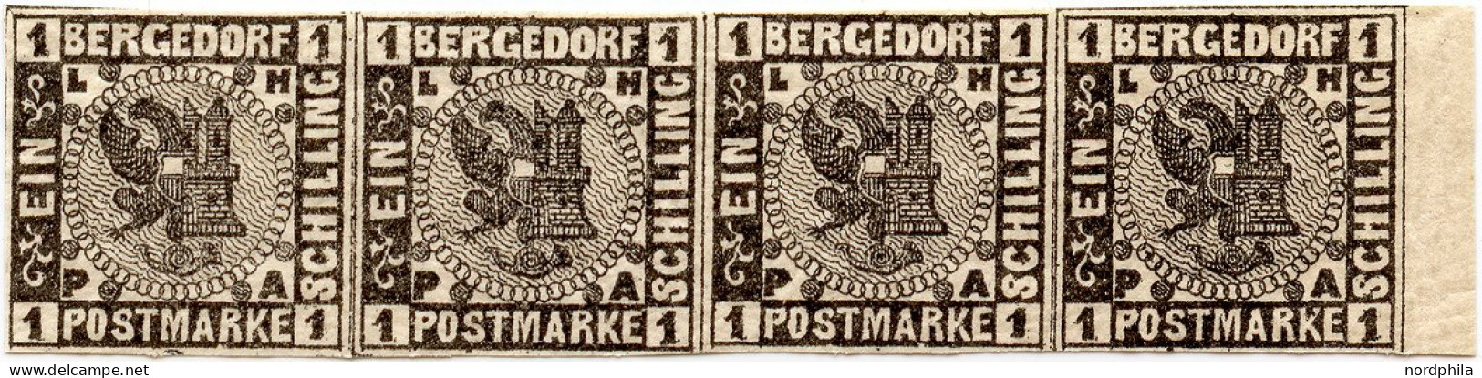 BERGEDORF 2 , 1861, 1 S. Schwarz, Im Postfrischen Vollrandigen Randviererstreifen (Felder 69-72), Kabinett, Mi. (450.-)  - Bergedorf