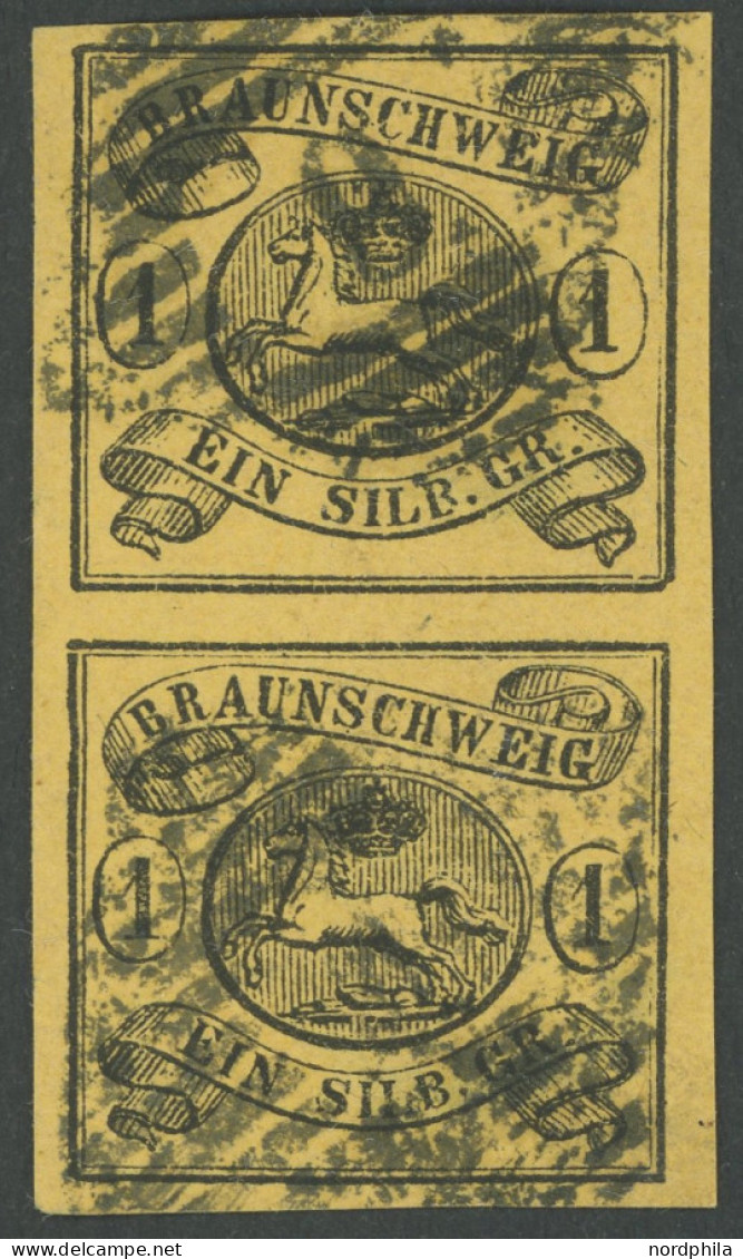 BRAUNSCHWEIG 6b Paar O, 1853, 1 Sgr. Schwarz Auf Braungelb Im Senkrechten Paar, Helle Stellen Sonst Breitrandig Pracht,  - Braunschweig