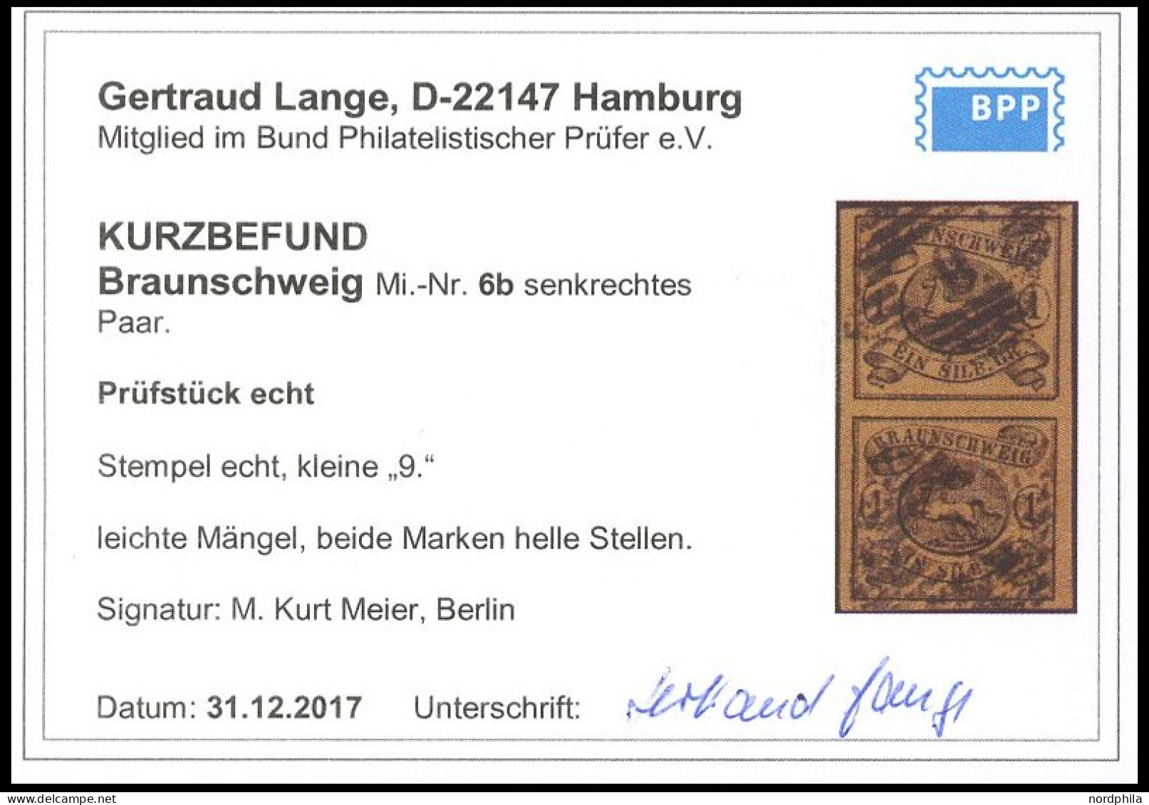 BRAUNSCHWEIG 6b Paar O, 1853, 1 Sgr. Schwarz Auf Braungelb Im Senkrechten Paar, Helle Stellen Sonst Breitrandig Pracht,  - Braunschweig