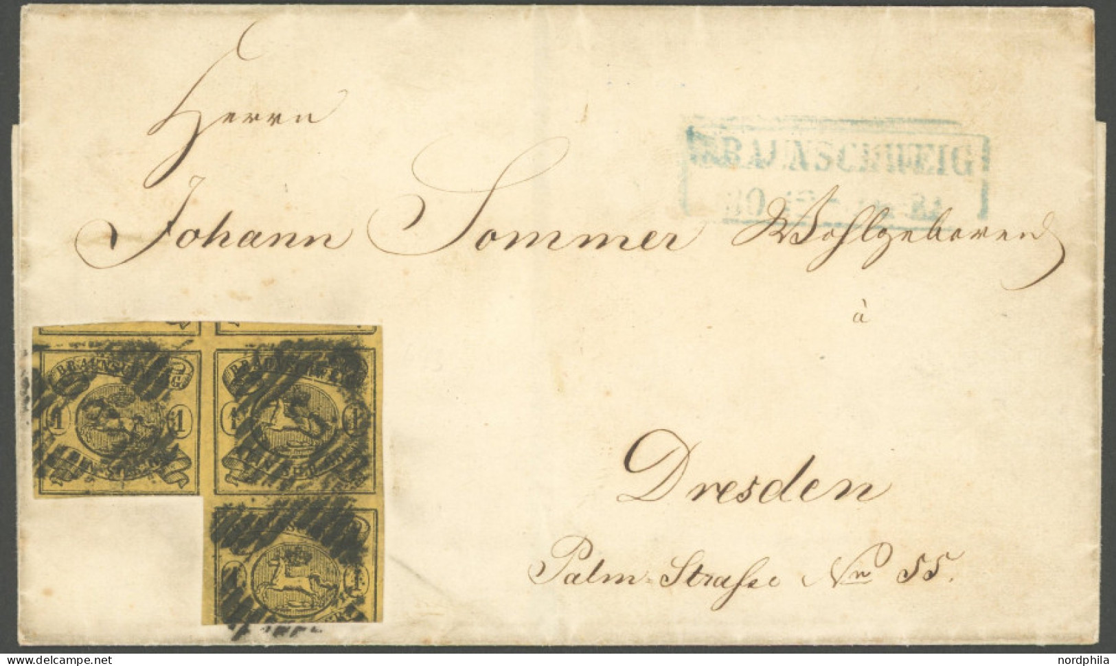 BRAUNSCHWEIG 6b BRIEF, 1853, 1 Sgr. Schwarz Auf Braungelb Im Dreierblock Mit Nummernstempel 9 Auf Brief Von BRAUNSCHWEIG - Braunschweig