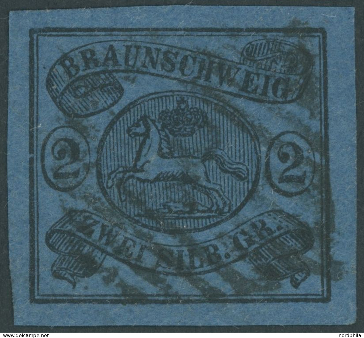 BRAUNSCHWEIG 7a O, 1853, 2 Sgr. Schwarz Auf Blau, Allseits Riesenrandig, Pracht, Mi. (80.-) - Braunschweig