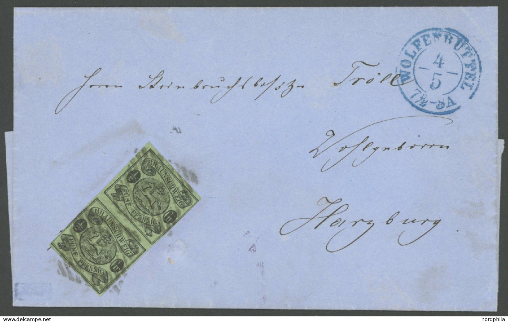 BRAUNSCHWEIG 10A Paar BRIEF, 1864, 1/2 Gr. Schwarz Auf Lebhaftgraugrün Im Senkrechten Paar Mit Nummernstempel 47 Auf Bri - Braunschweig