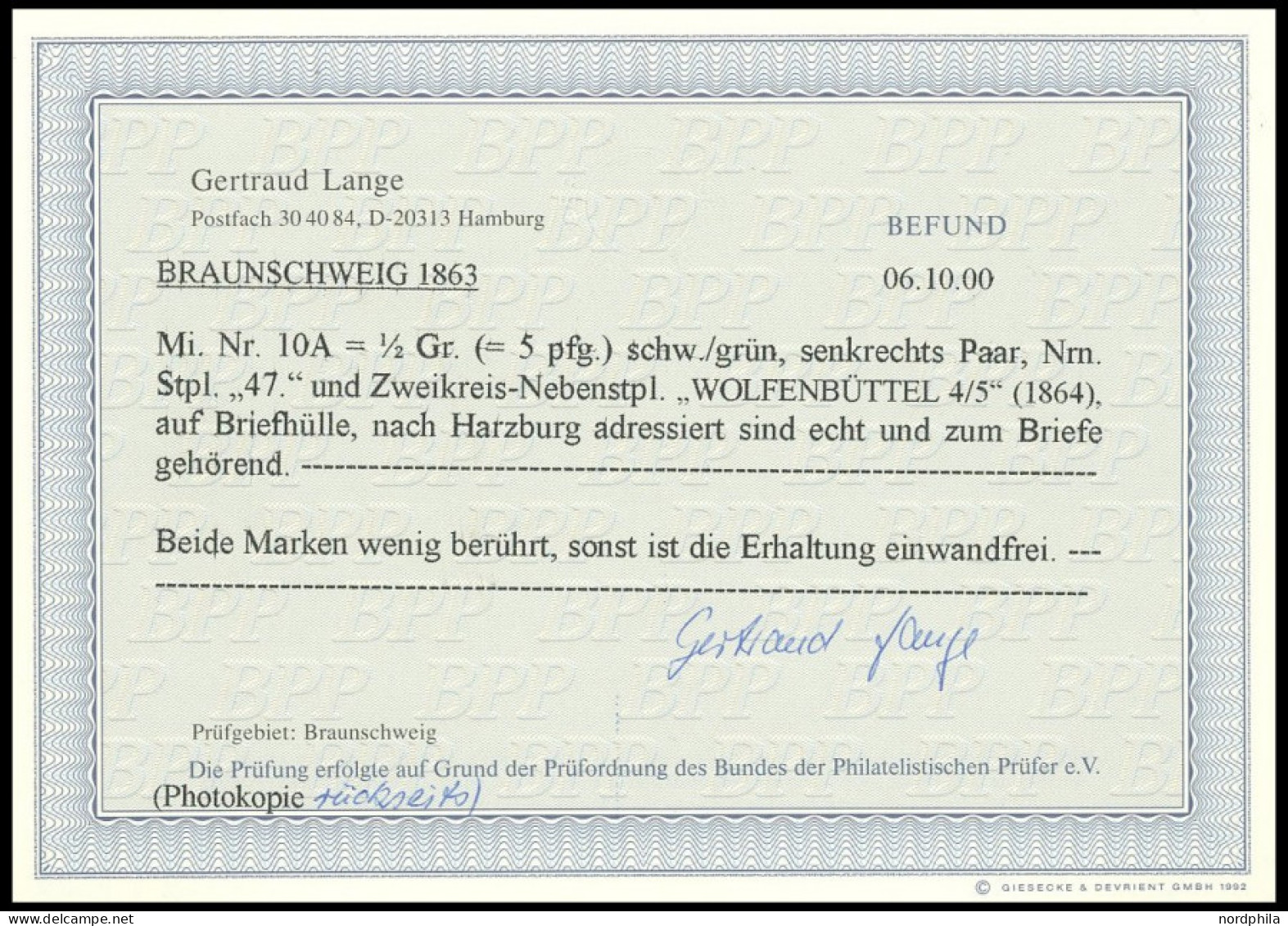 BRAUNSCHWEIG 10A Paar BRIEF, 1864, 1/2 Gr. Schwarz Auf Lebhaftgraugrün Im Senkrechten Paar Mit Nummernstempel 47 Auf Bri - Braunschweig