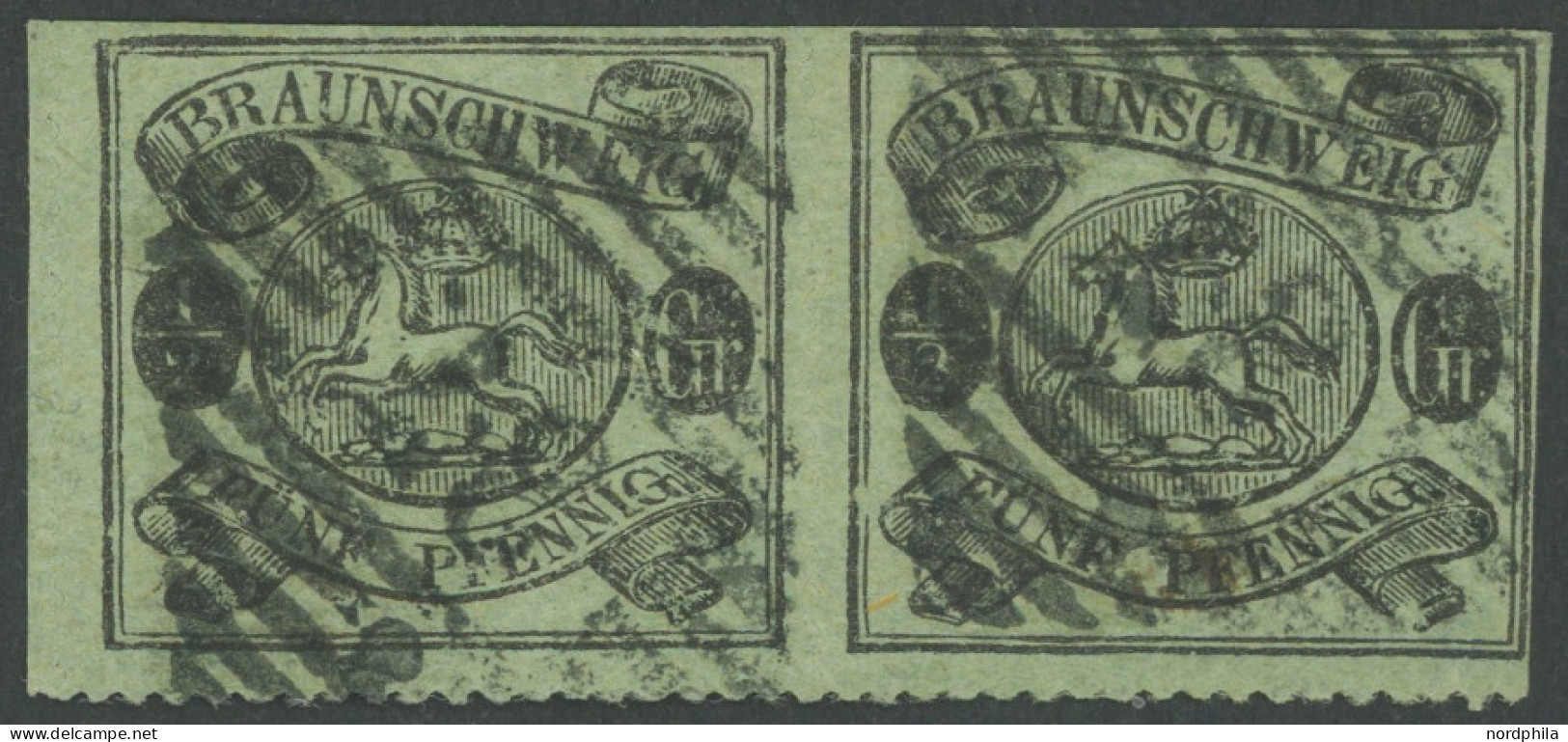 BRAUNSCHWEIG 10B Paar O, 1864, 1/2 Gr. Schwarz Auf Lebhaftgraugrün Im Waagerechten Paar, Bogenförmig Durchstochen 16, Nu - Brunswick