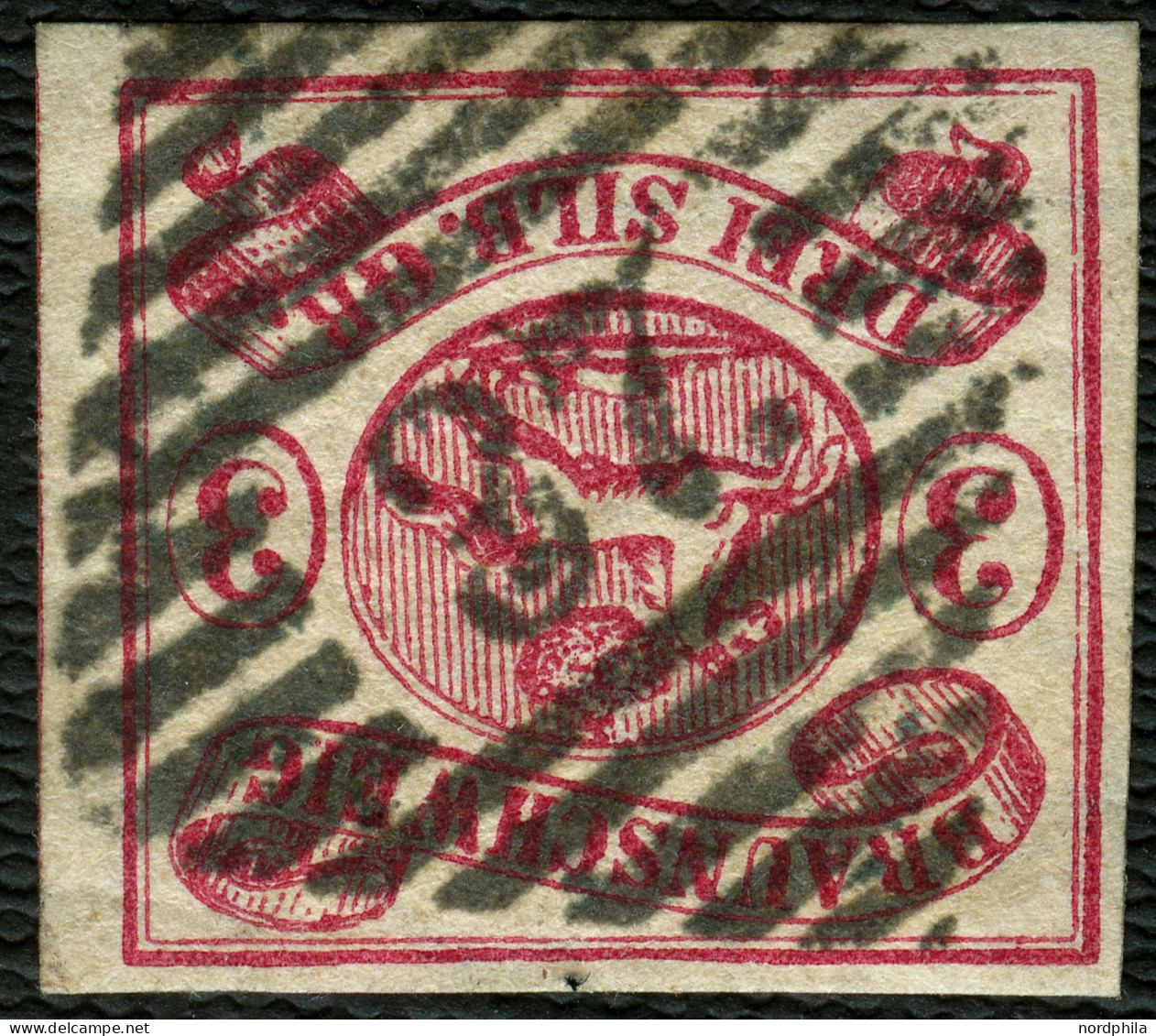 BRAUNSCHWEIG 12Ab O, 1862, 3 Sgr. Karmin, Schwarzer Nummernstempel 37 (Schöningen), Gepr. Bühler Mi. 350,- - Braunschweig