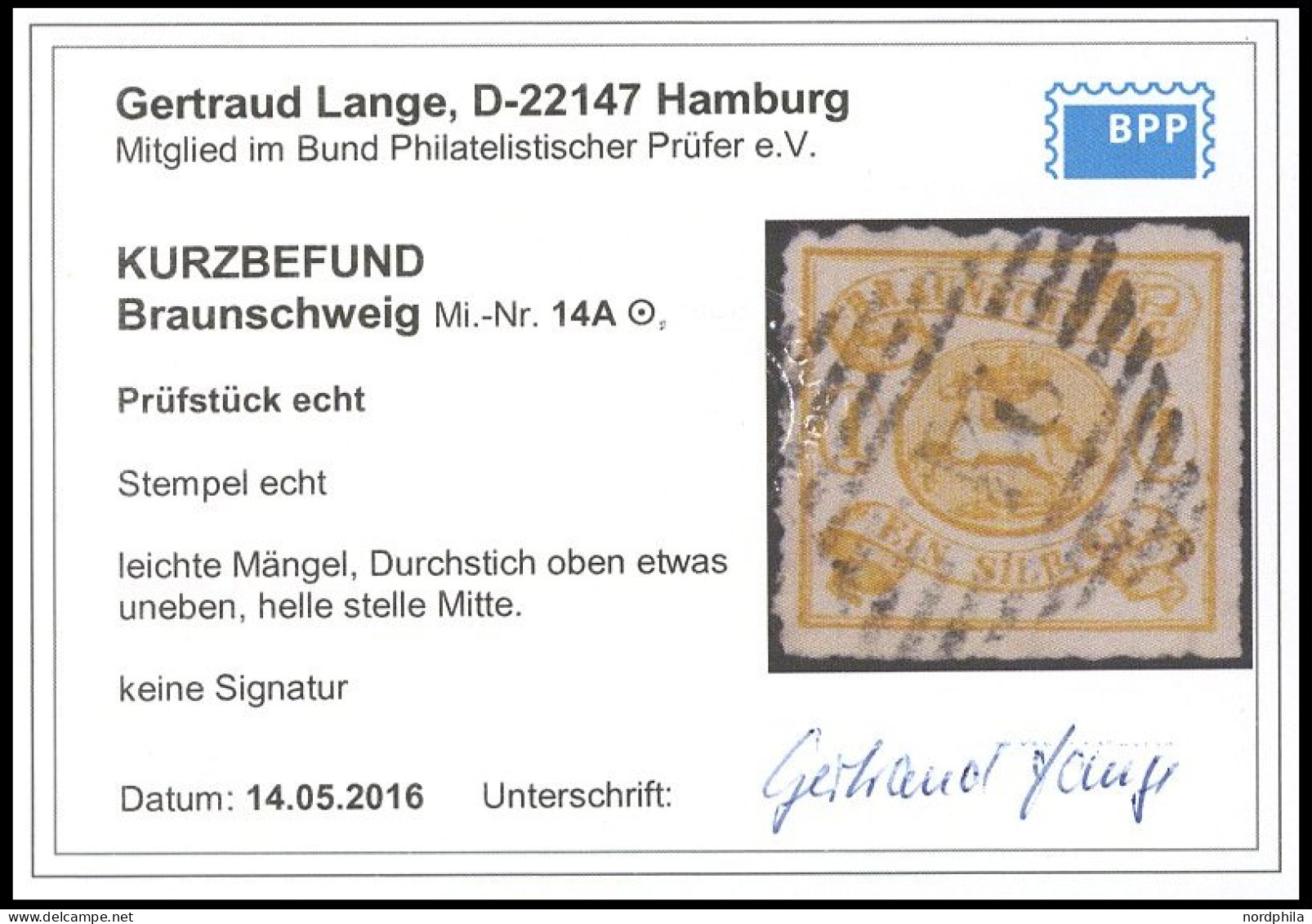 BRAUNSCHWEIG 14A O, 1864, 1 Sgr. Gelbocker, Durchstochen 16, Nummernstempel 24 (Holzminden), Feinst, Kurzbefund Lange, M - Braunschweig