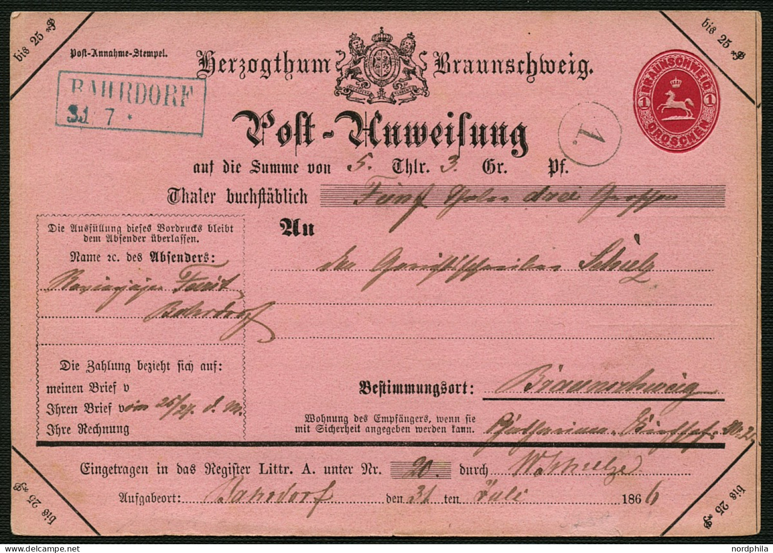 BRAUNSCHWEIG Braunschweig 1866, Postanweisung - Dienstformular In Rosa Mit Wertstempel 1 Groschen, A1, Type III/2, über  - Brunswick