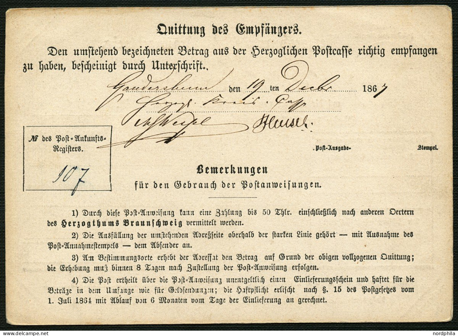 BRAUNSCHWEIG Braunschweig 1867, Postanweisung - Dienstformular In Weiß, Ohne Wertstempel, über 23 Thaler Und 17 Groschen - Brunswick