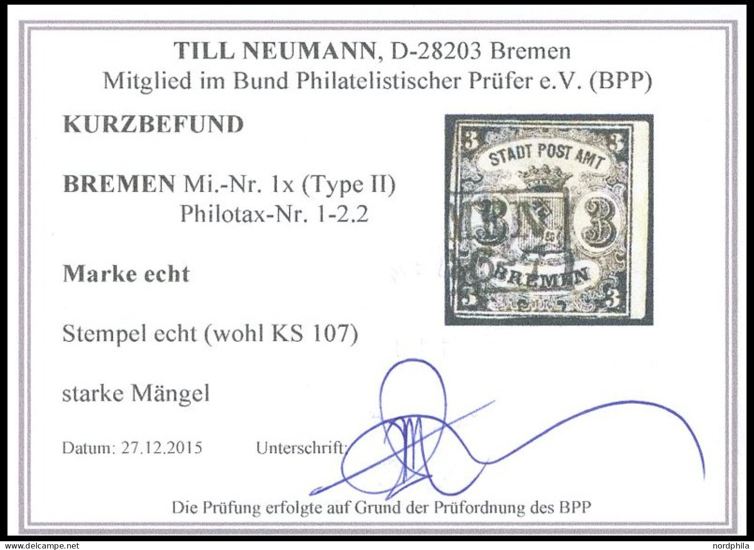 BREMEN 1x O, 1855, 3 Gr. Schwarz Auf Blaugrau, Senkrecht Gestreiftes Papier, Type II, Fein (Mängel), Kurzbefund Neumann, - Bremen