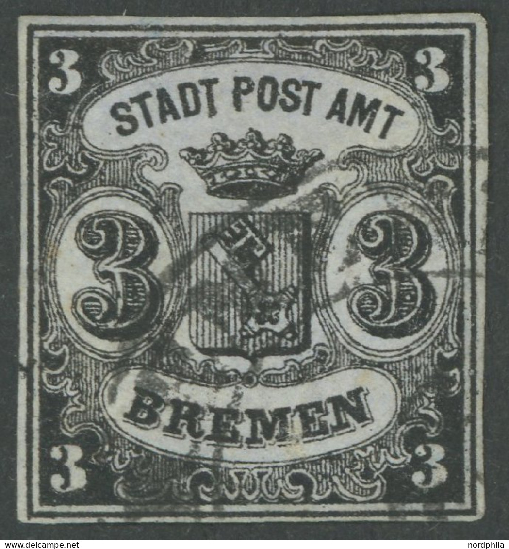 BREMEN 1y O, 1855, 3 Gr. Schwarz Auf Blaugrau, Waagerecht Gestreiftes Papier, Type II, Mit Seltenem K2 BREMERHAVEN, Klei - Bremen