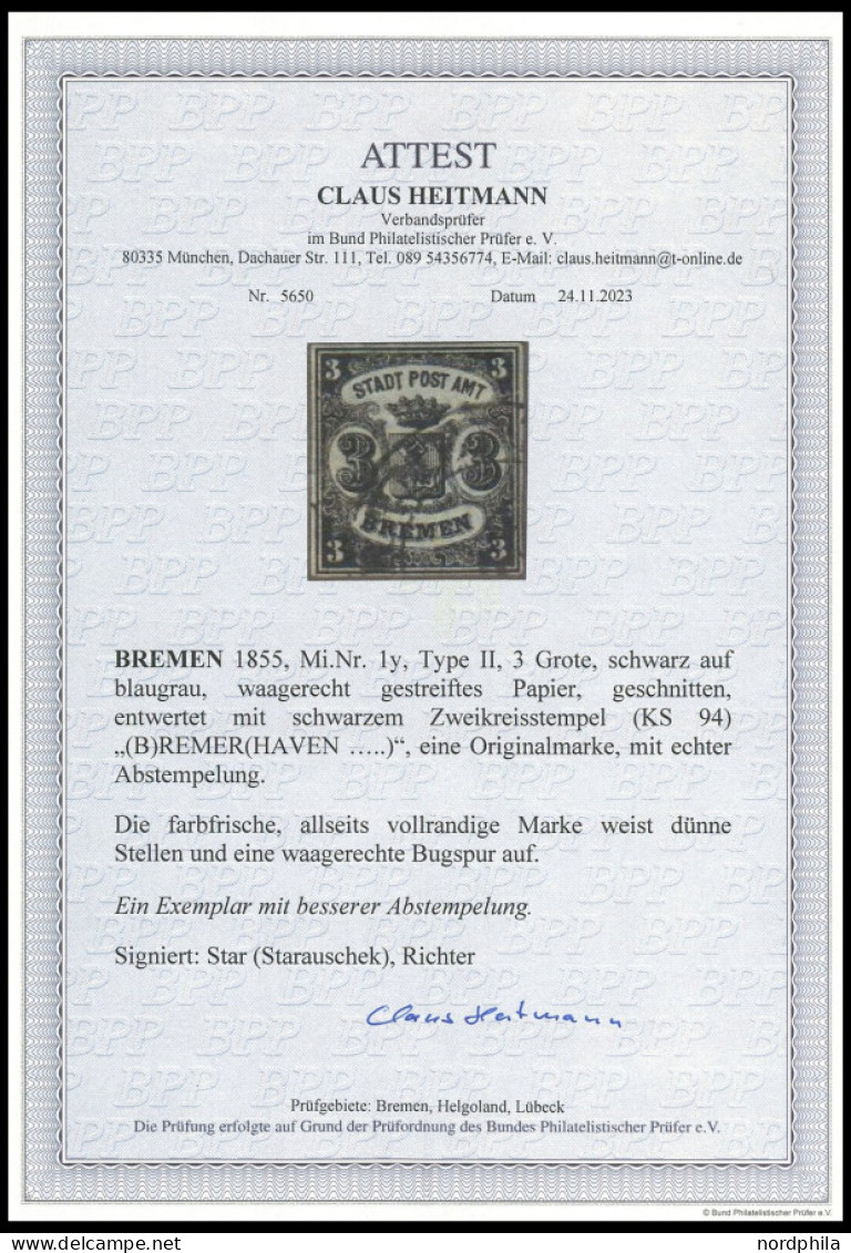 BREMEN 1y O, 1855, 3 Gr. Schwarz Auf Blaugrau, Waagerecht Gestreiftes Papier, Type II, Mit Seltenem K2 BREMERHAVEN, Klei - Brême