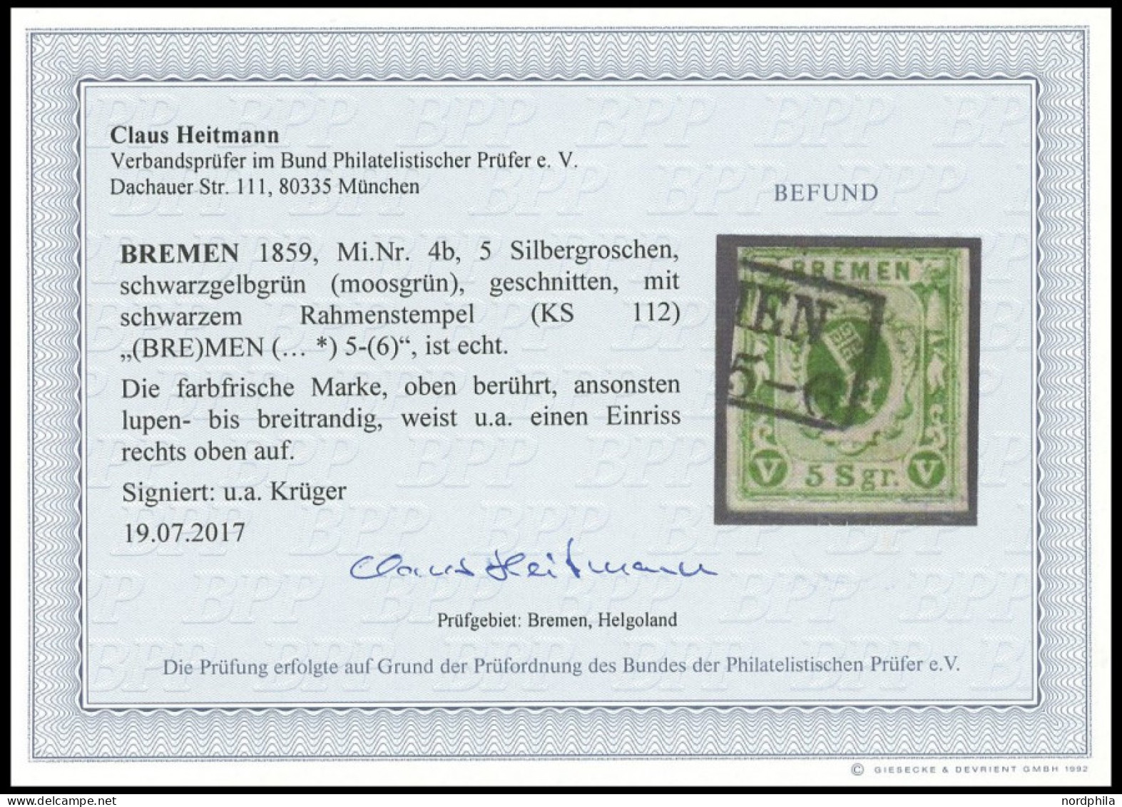 BREMEN 4b O, 1861, 5 Sgr. Moosgrün, Kleine Mängel, Feinst, Fotobefund Heitmann, Mi. 380.- - Brême