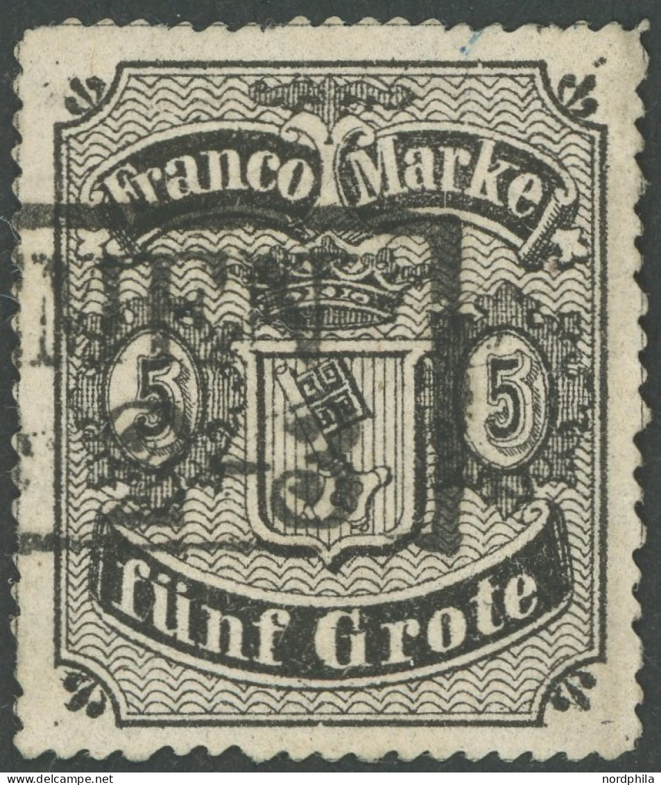 BREMEN 7A O, 1862, 5 Gr. Schwarz Auf Mattgraubraun, Durchstich D 1I, Type II, Feinst, Kurzbefund Neumann, Mi. 300.- - Bremen