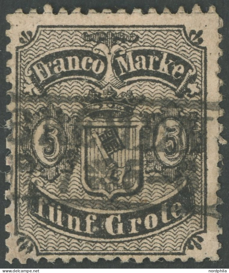 BREMEN 12 O, 1867, 5 Gr. Schwarz Auf Mattgraubraun, Feinst (Zähnung Teils Korrigiert), Mi. 400.- - Brême