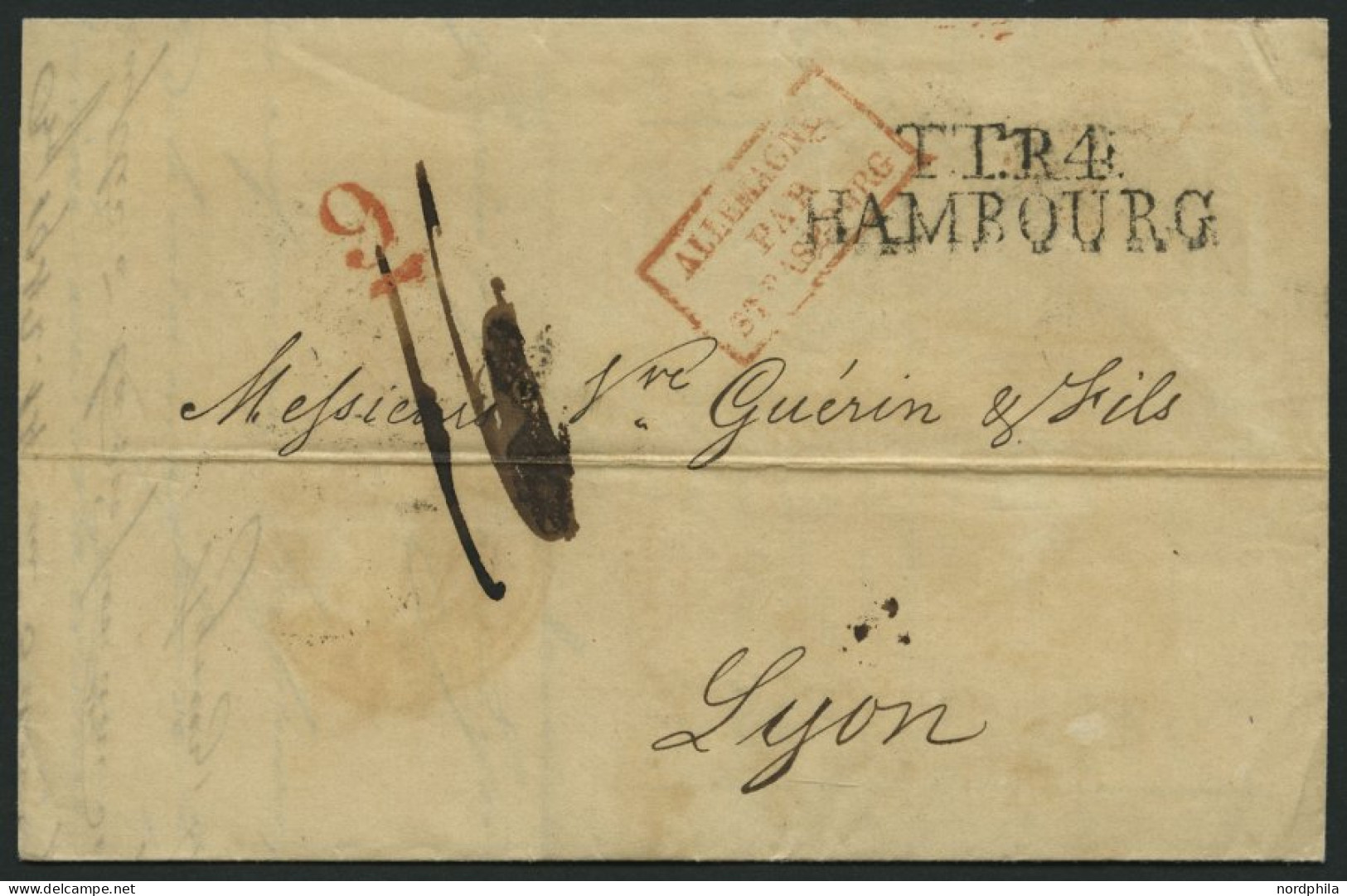 HAMBURG - THURN UND TAXISCHES O.P.A. 1838, TT.R.4 HAMBOURG, L2 Auf Brief Nach Lyon, Rote Unterstrichene 9 Und R3 ALLEMAG - [Voorlopers