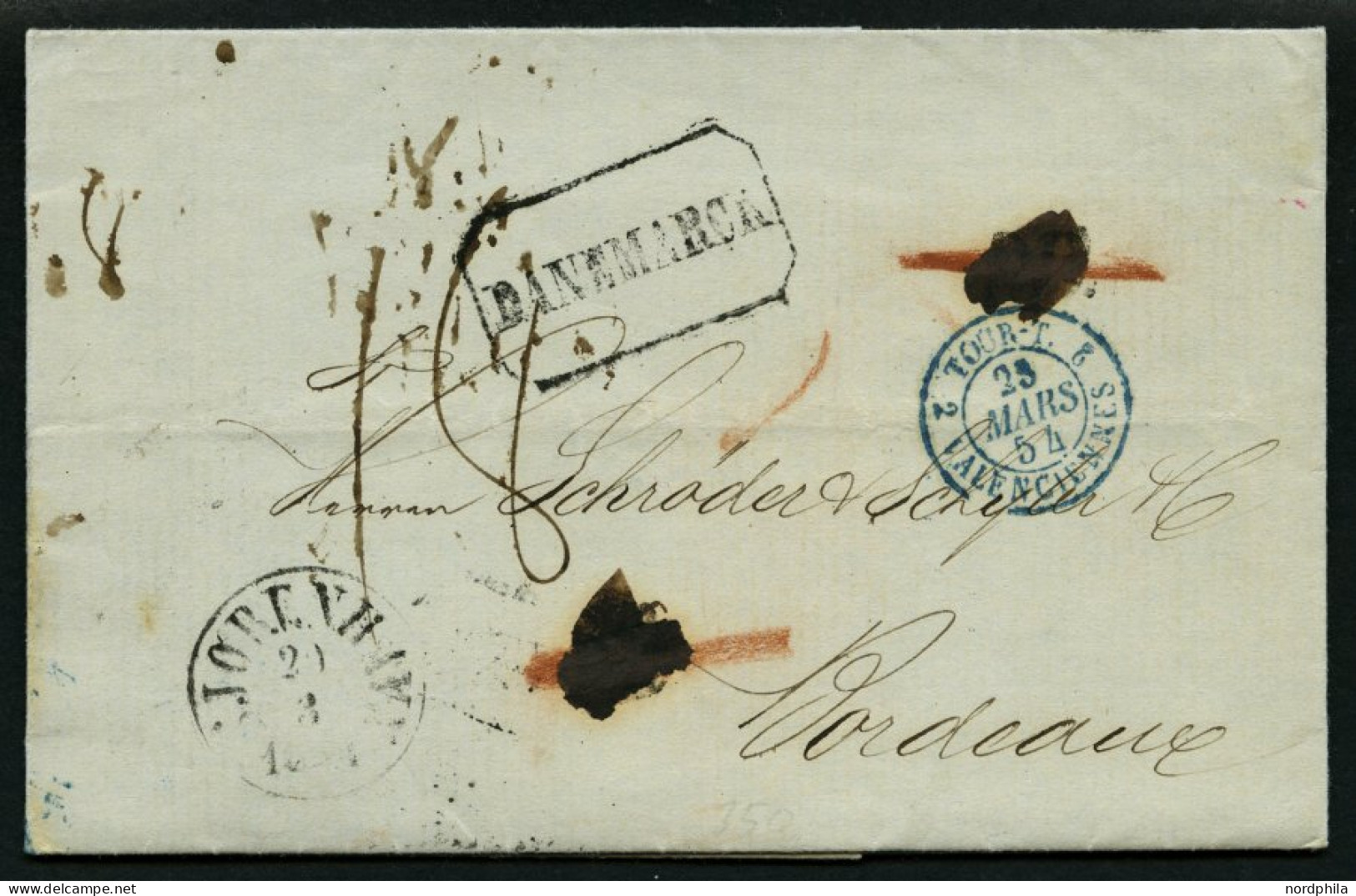 HAMBURG - THURN UND TAXISCHES O.P.A. 1854, DANEMARCK, Achteckstempel Auf Brief Von Copenhagen (K1) Nach Bordeaux, Pracht - Vorphilatelie