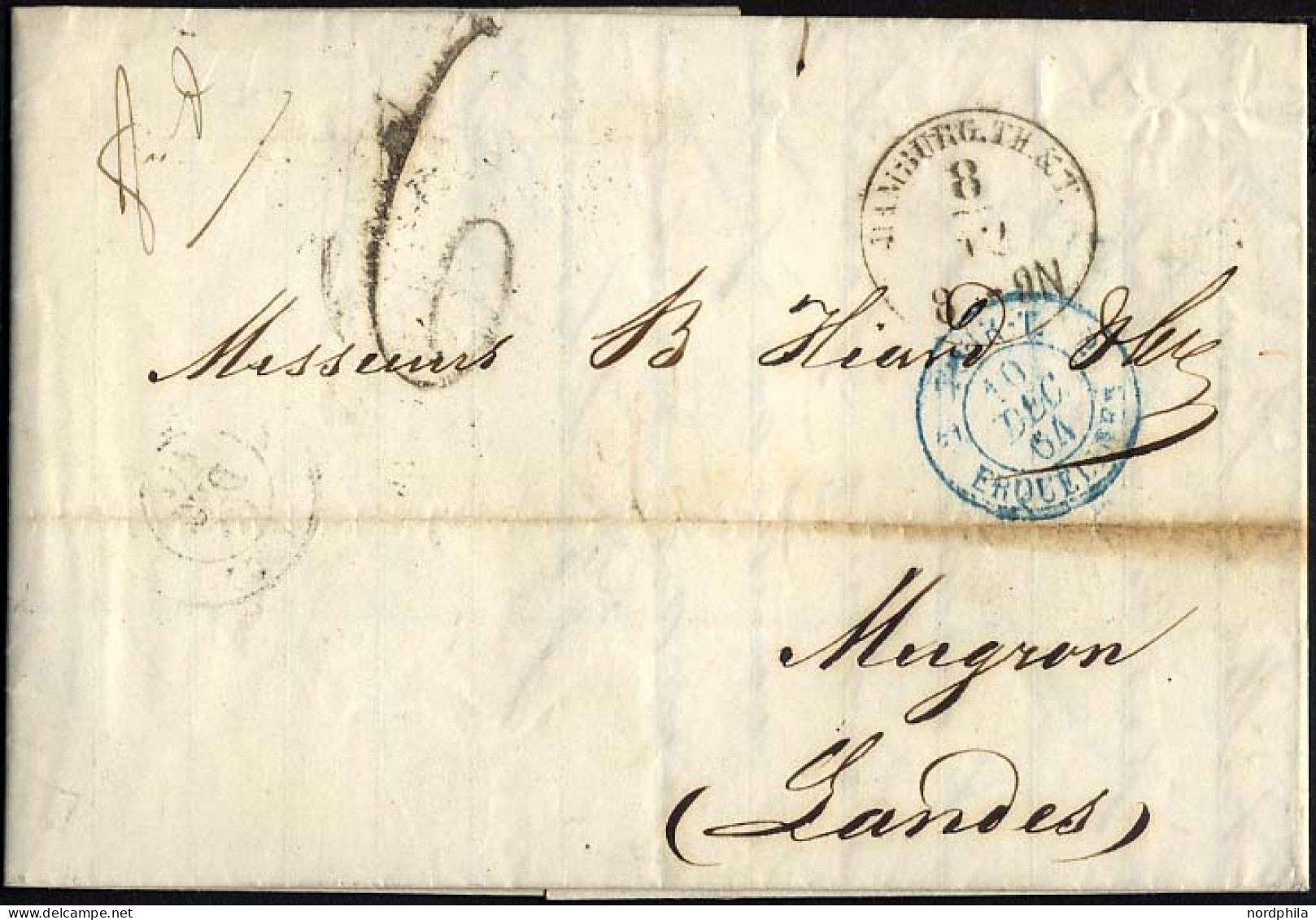 HAMBURG - THURN UND TAXISCHES O.P.A. 1864, HAMBURG TH & T, K1 Auf Brief Nach Mugron, Blauer Tour-T-Stempel, Rückseitig M - Precursores