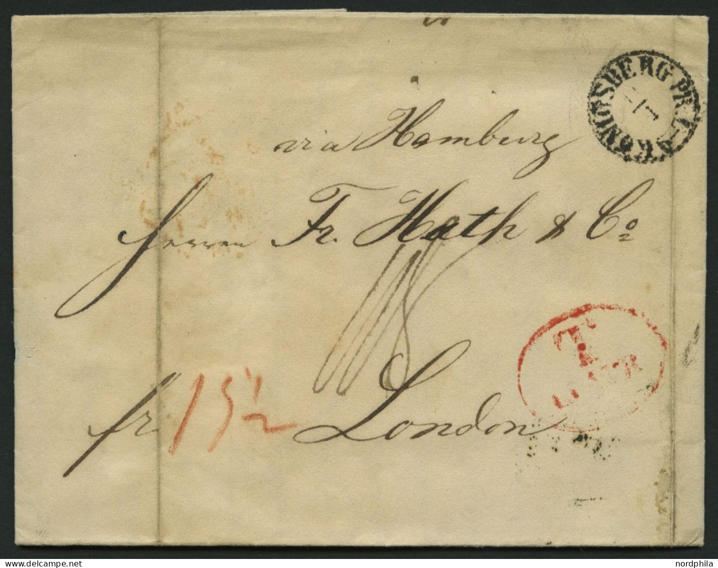 HAMBURG 1842, T 11 APR, Rote Sonderform Auf Brief Von Königsberg (K1) über Hamburg (rückseitiger K1) Und London, Handsch - Precursores