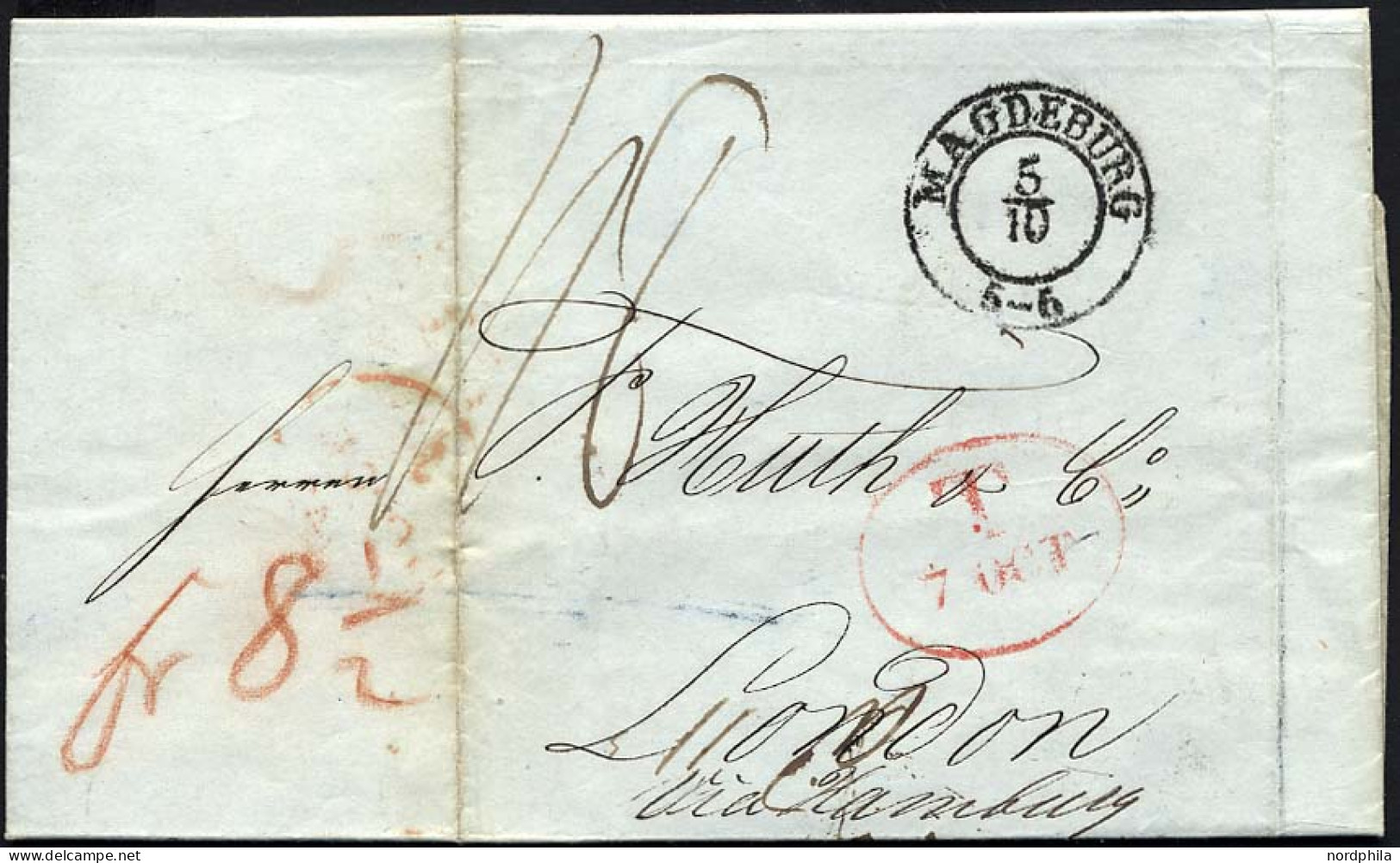 HAMBURG 1842, T 7 OCT, Rote Sonderform Auf Brief Von Magdeburg (K2) Via Hamburg Nach London, Rückseitiger Durchgangsstem - Prephilately