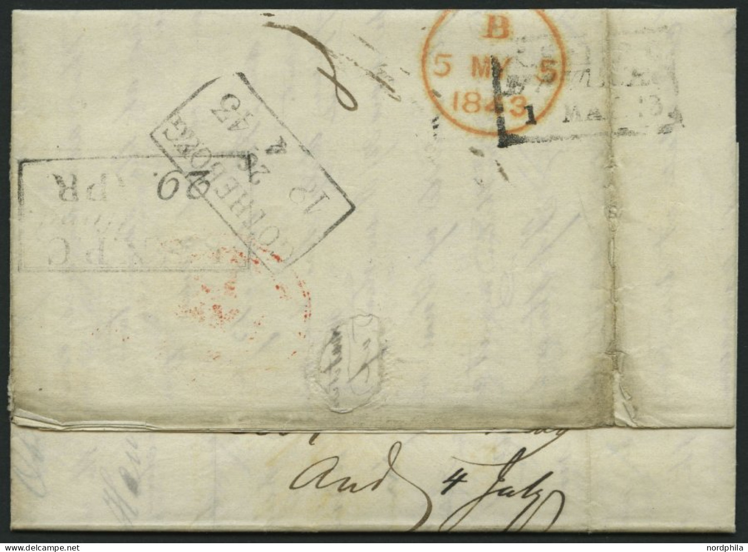 HAMBURG - GRENZÜBERGANGSSTEMPEL 1843, T 2 MAY, In Rot Auf Brief Von Götheborg Nach London, Diverse Durchgangs- Und Neben - Prephilately