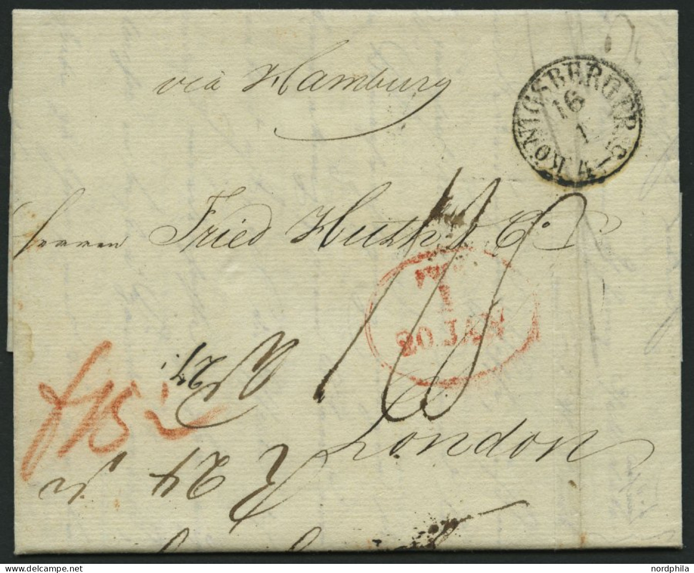 HAMBURG 1843, T 20 JAN, Rote Sonderform Auf Brief Von Königsberg (kleiner K1) Nach London, Handschriftlich Via Hamburg,  - Prephilately