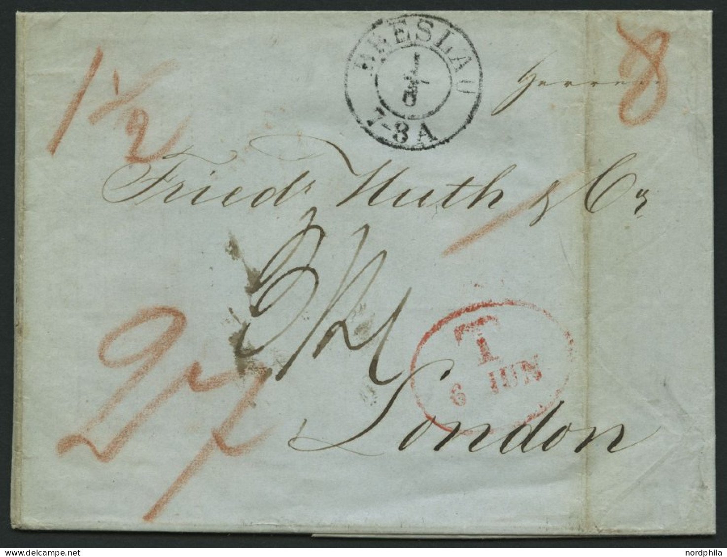 HAMBURG - GRENZÜBERGANGSSTEMPEL 1843, T 6 JUN, In Rot Auf Brief Von BRESLAU (K2) Nach London, Feinst - Prephilately