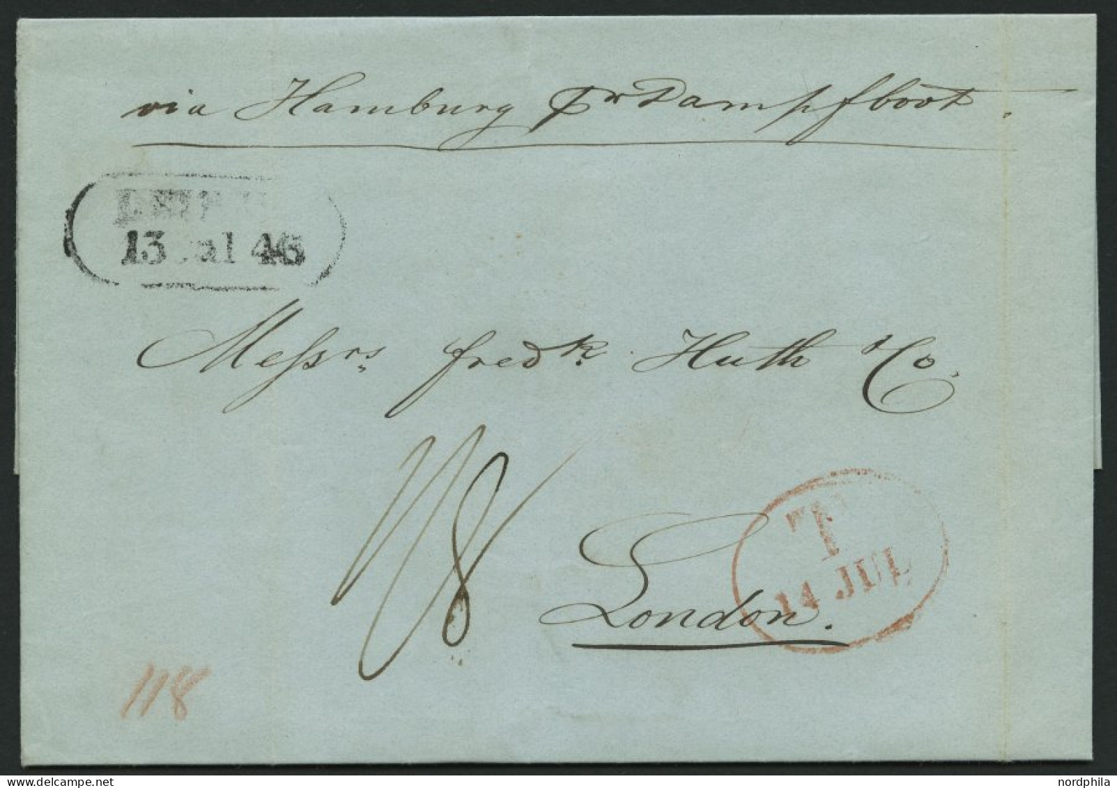 HAMBURG - GRENZÜBERGANGSSTEMPEL 1846, T 14 JUL, In Rot Auf Brief Von LEIPZIG (R2) Nach London, Handschriftlich Via Hambu - Préphilatélie