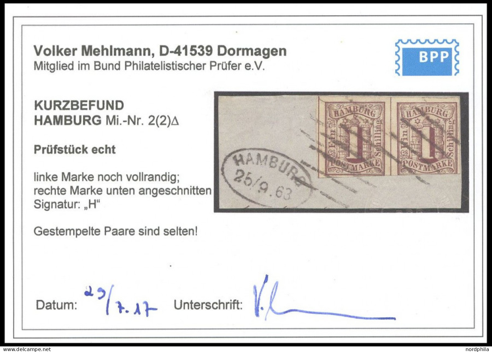 HAMBURG 2 Paar BrfStk, 1859, 1 S. Rotbraun Im Waagerechten Paar, Rechte Marke Unten Angeschnitten Sonst Voll-überrandige - Hamburg
