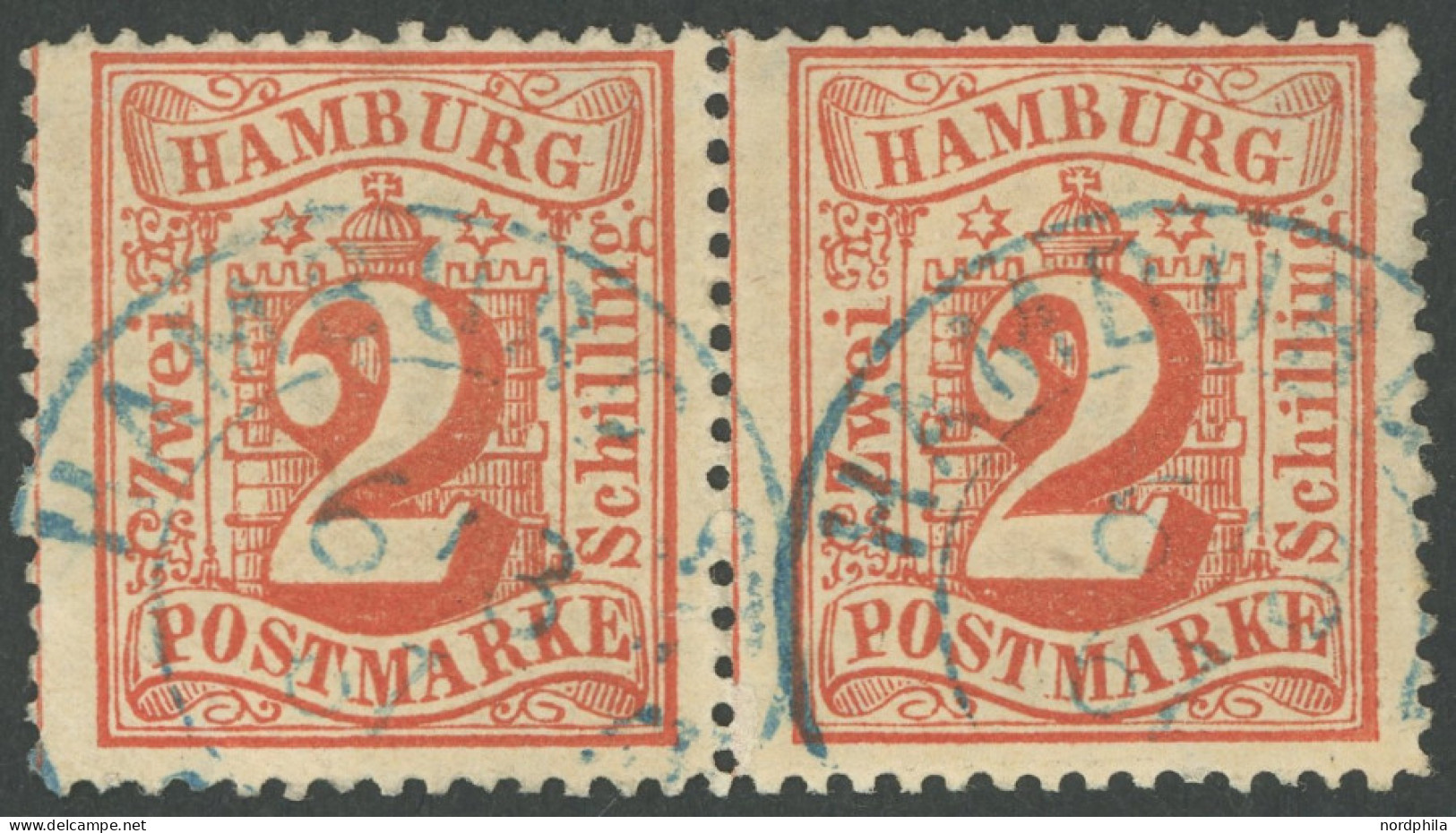 HAMBURG 13 Paar O, 1864, 2 S. Orangerot Im Waagerechten Paar, Blauer K2, Linke Marke Kleiner Knitter Sonst Pracht, Kurzb - Hamburg