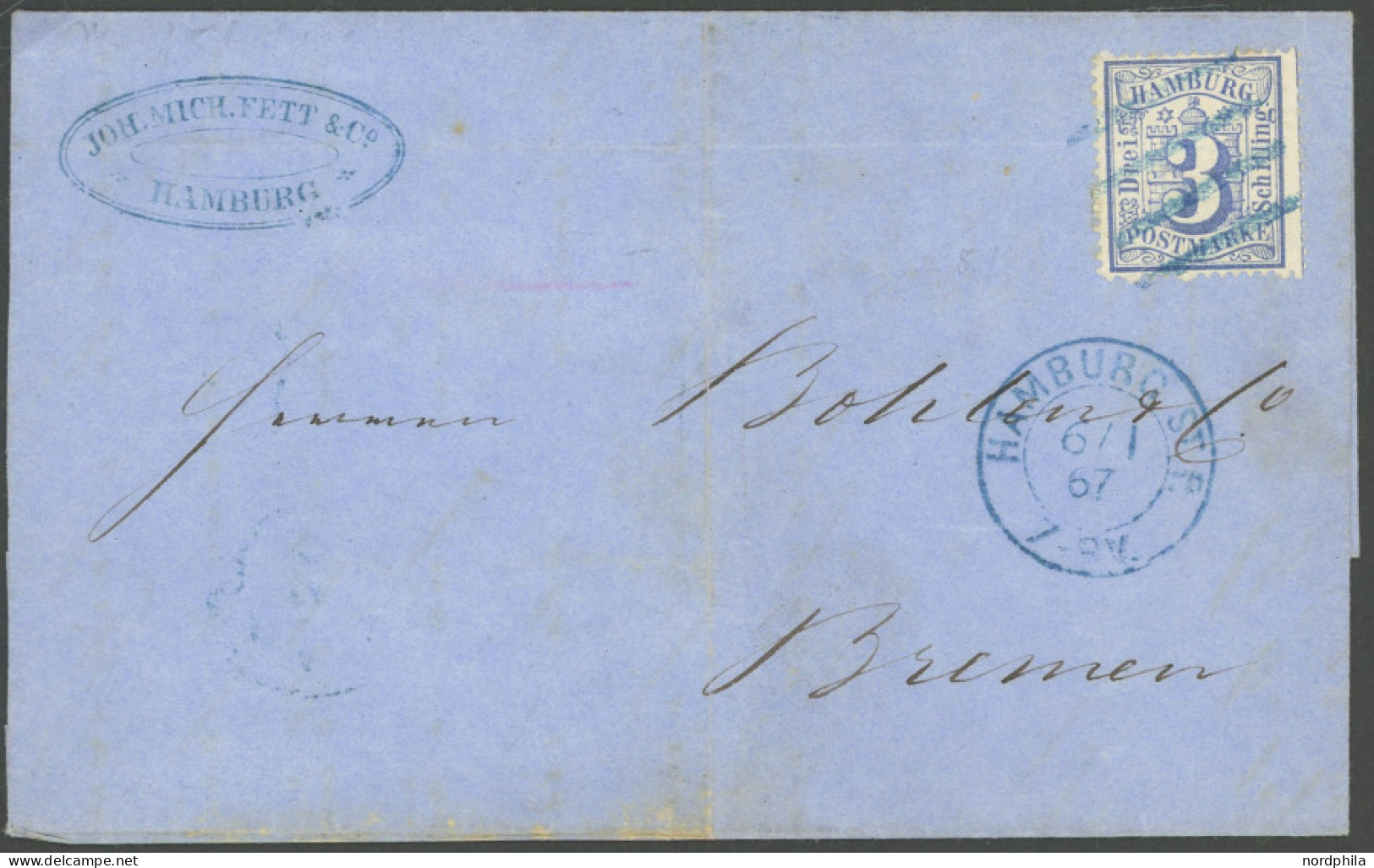 HAMBURG 15c BRIEF, 1867, 3 S. Ultramarinblau Auf Brief Nach Bremen, Waagerechte Bugspur Sonst Prachtbrief, Fotoattest La - Hamburg