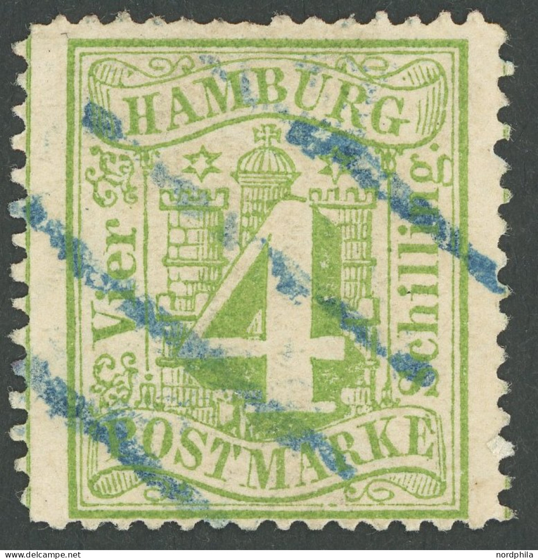 HAMBURG 16b BrfStk, 1864, 4 S. Bläulichgrün, Senkrechte Bugspur Sonst Prachtbriefstück, Kurzbefund Lange, Mi. 150.- - Hambourg