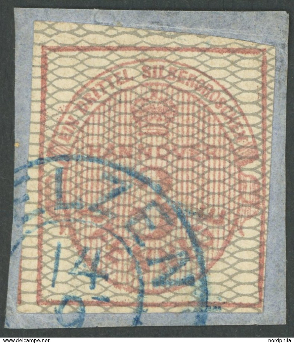 HANNOVER 8b BrfStk, 1856, 3 Pf. Karmin, Grau Genetzt, Blauer K2 OELZEN, Prachtbriefstück, Gepr. Pfenninger, Mi. 450.- - Hannover