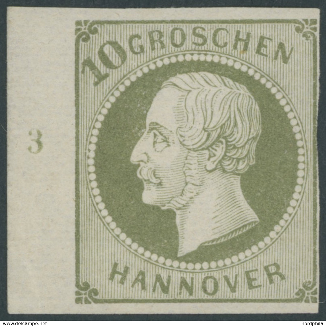 HANNOVER 18 , 1861, 10 Gr. Dunkelgrünlicholiv, Linkes Randstück Mit Nummer 3, Rechts Teils Minimal Tangiert Sonst Pracht - Hanovre