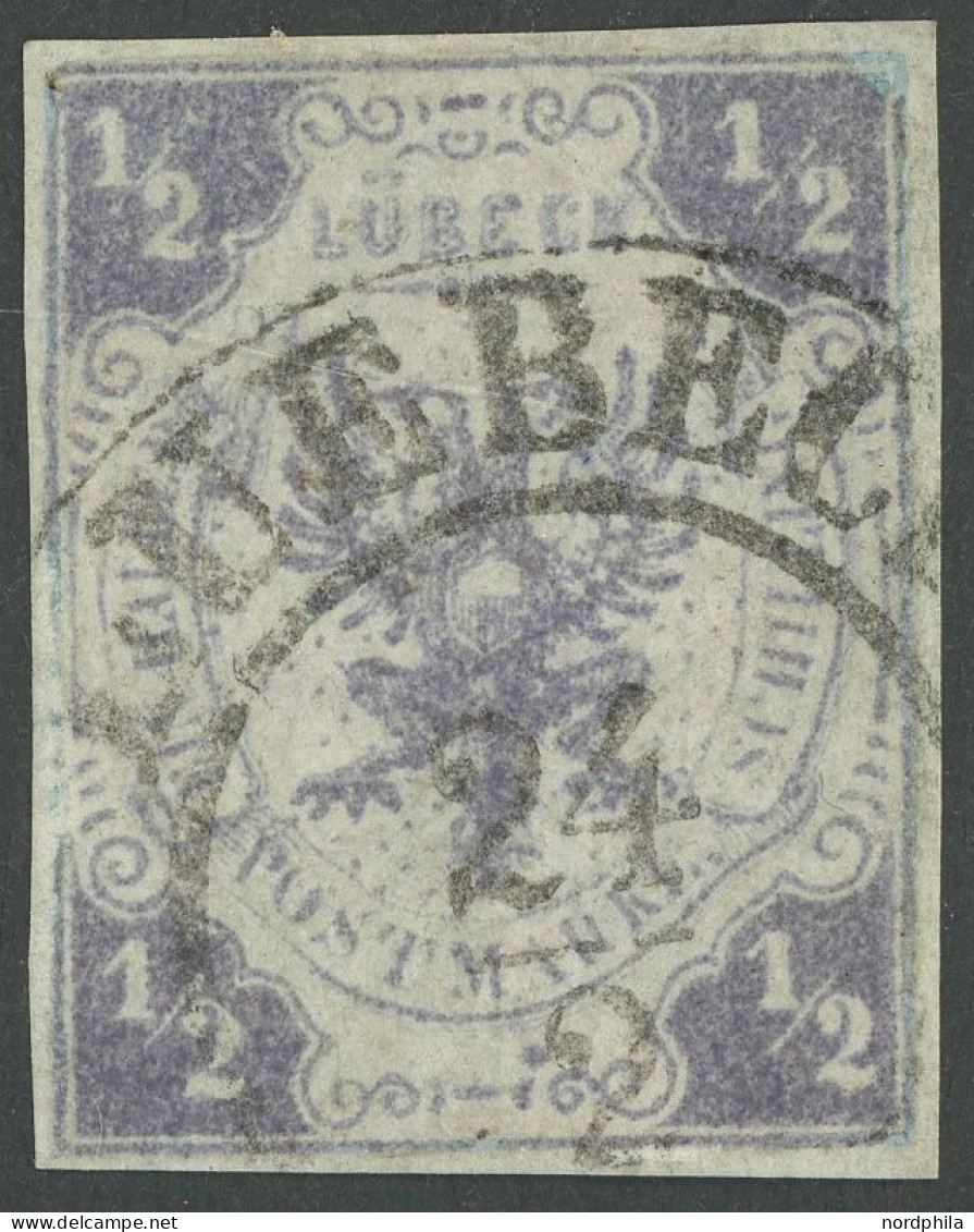 LÜBECK 1 O, 1859, 1/2 S. Dunkelviolettgrau Mit Ortsstempel (20% Aufschlag!), Stark Repariert, Wie Pracht, Fotobefund Meh - Lubeck