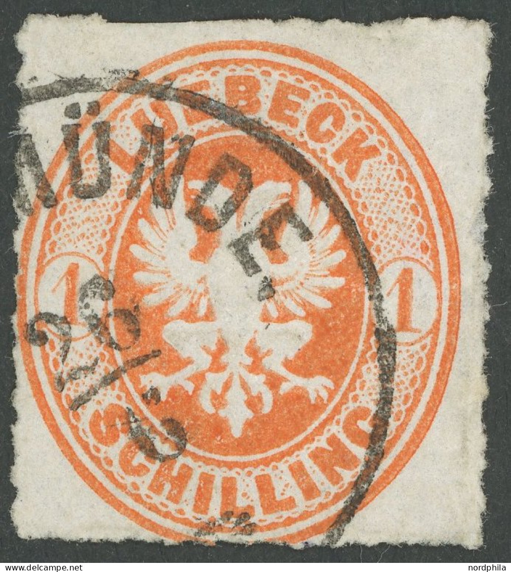 LÜBECK 9A O, 1863, 1 S. Rötlichorange, Durchstochen 11 3/4, K1 TRAVEMÜNDE, Oben Teilweise Schwerenschnitt Sonst Pracht,  - Lübeck