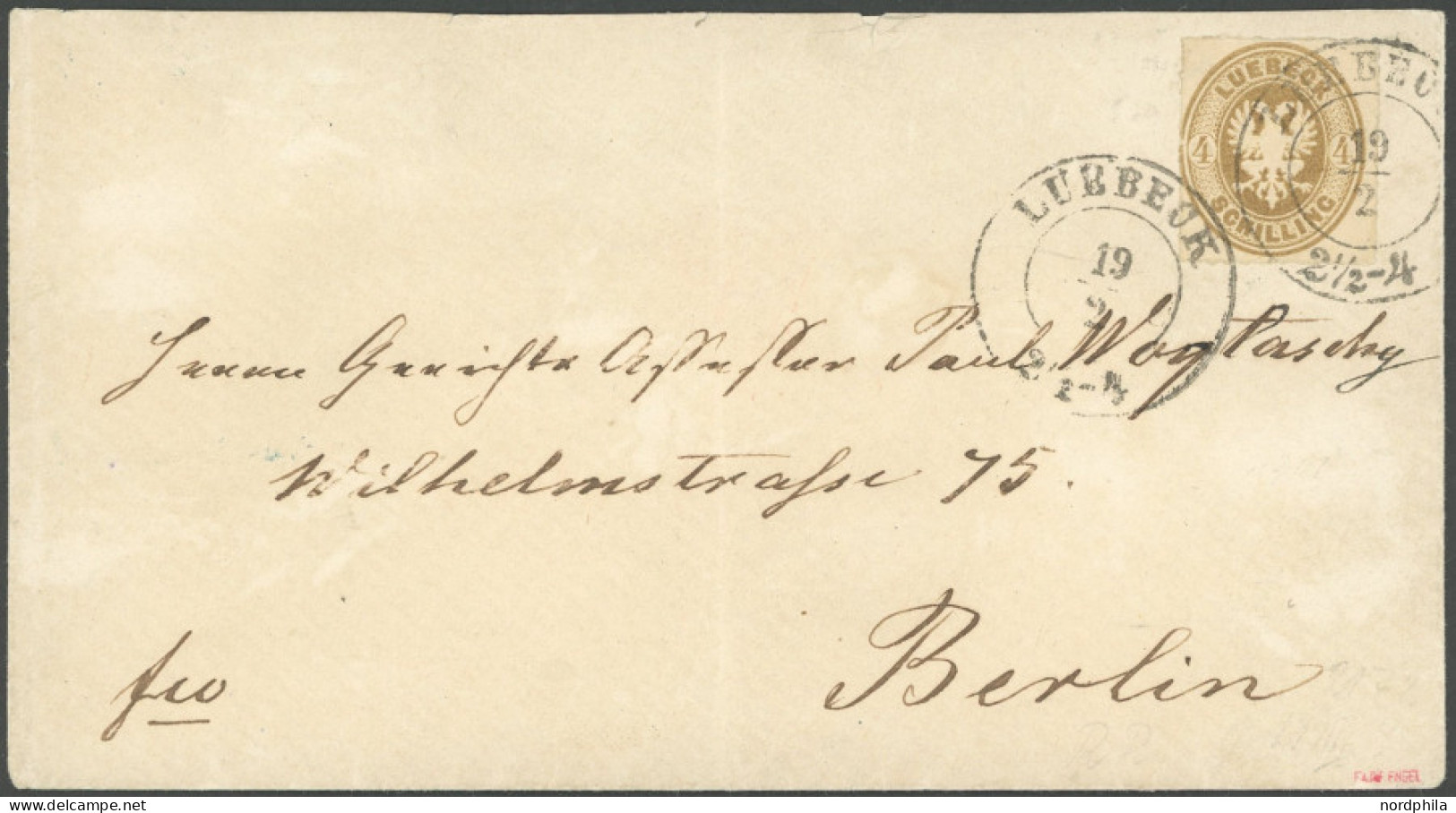 LÜBECK 12 BRIEF, 1863, 4 S. Mittelolivbraun Auf Brief Nach Berlin, Rückseitige Lasche Nicht Vollständig, Feinst, R!, Sig - Luebeck