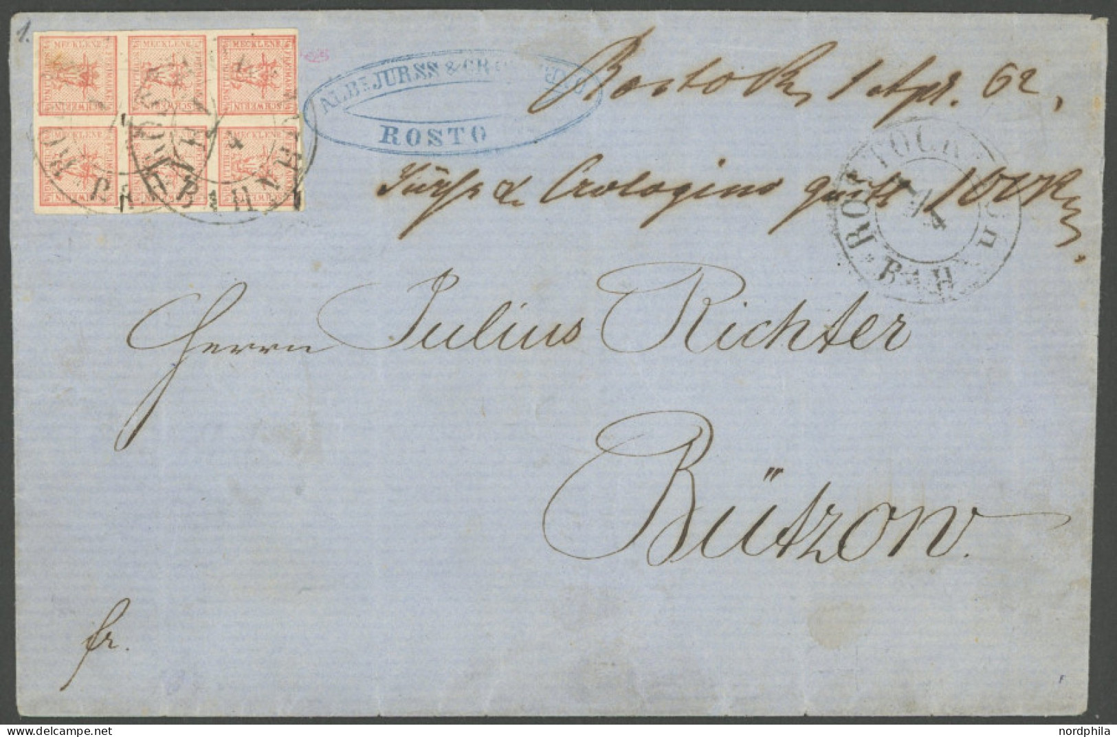 MECKLENBURG SCHWERIN 1 BRIEF, 1862, 6/4 S. Graurot Auf Brief Mit K2 ROSTOCK BAHNHOF Nach Bützow, Kleiner Fehler Im Oberr - Mecklenburg-Schwerin