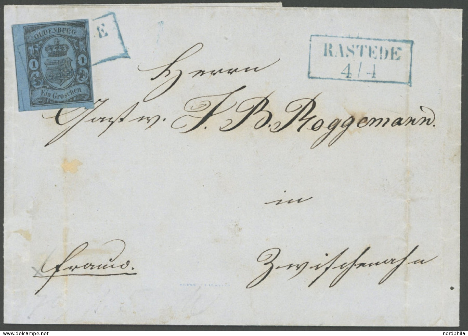 OLDENBURG 6a BRIEF, 1864, 1 Gr. Schwarz Auf Hellblau, Links Mit Ansatz Der Nachbarmarke Auf Brief Mit Blauem R2 RASTEDE, - Oldenbourg