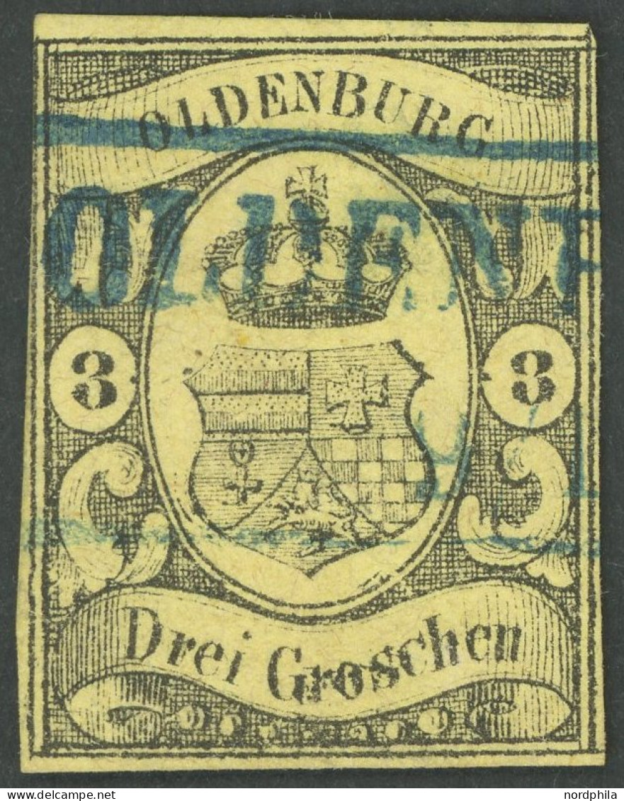 OLDENBURG 8 O, 1859, 3 Gr. Schwarz Auf Graugelb, Blauer R2, Links Oben Leicht Berührt Sonst Pracht, Kurzbefund Berger, M - Oldenburg