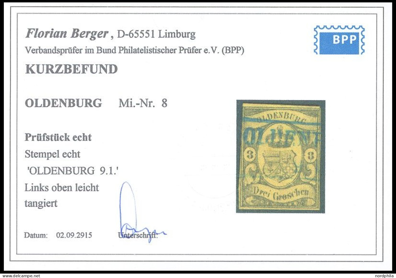 OLDENBURG 8 O, 1859, 3 Gr. Schwarz Auf Graugelb, Blauer R2, Links Oben Leicht Berührt Sonst Pracht, Kurzbefund Berger, M - Oldenburg