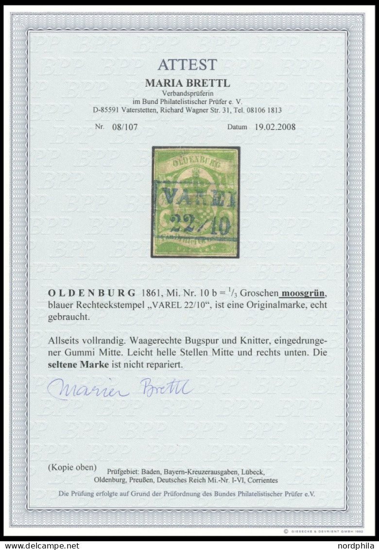 OLDENBURG 10b O, 1861, 1/3 Gr. Moosgrün, Zentrischer Blauer R2 VAREL, Allseits Vollrandig, Feinst (kleine Mängel), Fotoa - Oldenbourg