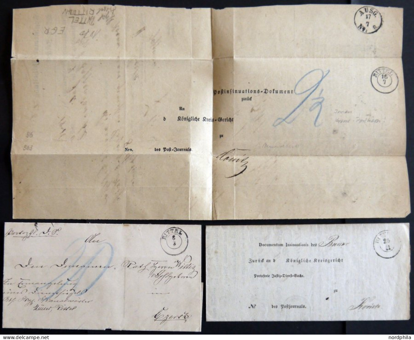 PREUSSEN RITTEL, K2, 3 Verschiedene Briefe (1853-77), Dabei 2 Verschiedene Krone-Posthornstempel, Pracht - Sonstige & Ohne Zuordnung
