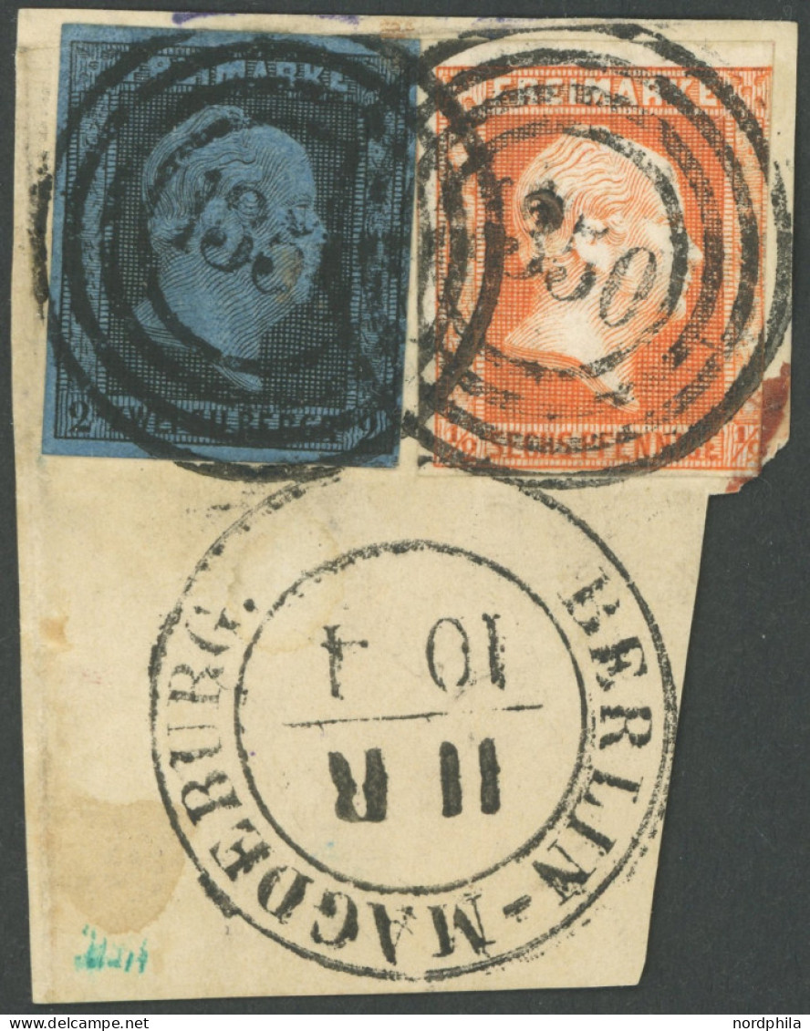 PREUSSEN 1,3 BrfStk, 1850, 1/2 Sgr. Rotorange (rechts Leicht Angeschnitten) Mit Breitrandiger 2 Sgr. Schwarz Auf Blau Au - Autres & Non Classés