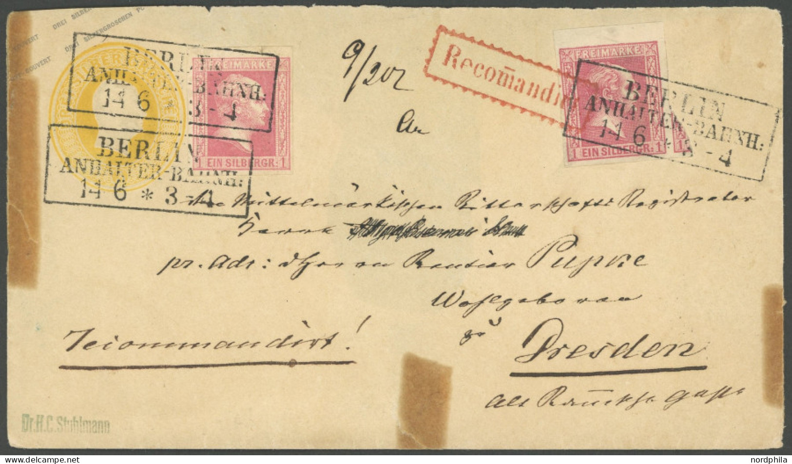 PREUSSEN 6a,10b BRIEF, 1857, 1 Sgr. Rosa, Wertstufengleiche Mischfrankatur Auf 3 Sgr. Gelb Ganzsachenumschlag (rückseiti - Sonstige & Ohne Zuordnung