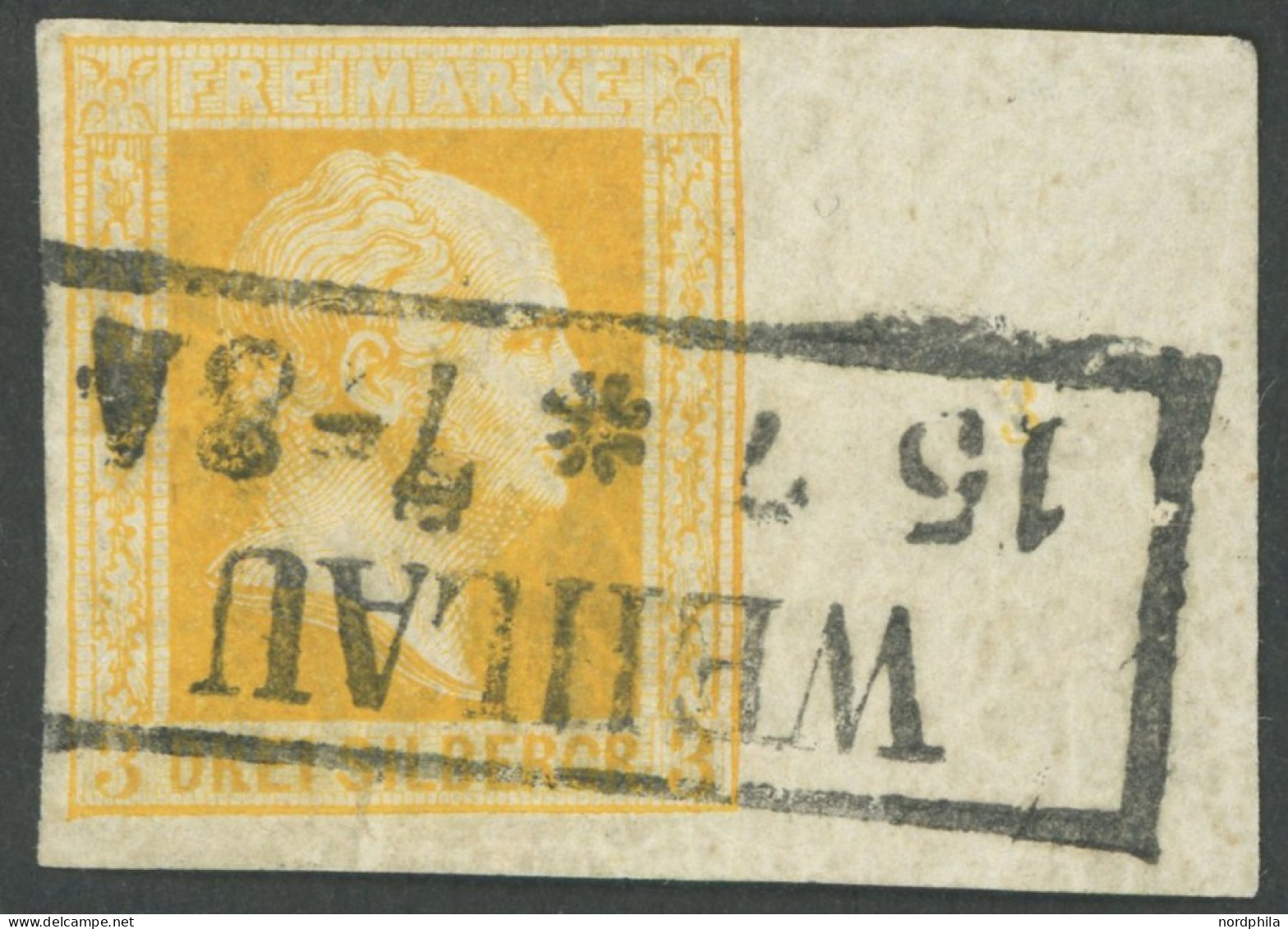 PREUSSEN 8ax O, 1857, 3 Sgr. Gelborange, Dünnes Papier, Mit Breitem Rechten Rand, Reihenzähler 3, R2 WEHLAU, Minimale Kn - Sonstige & Ohne Zuordnung