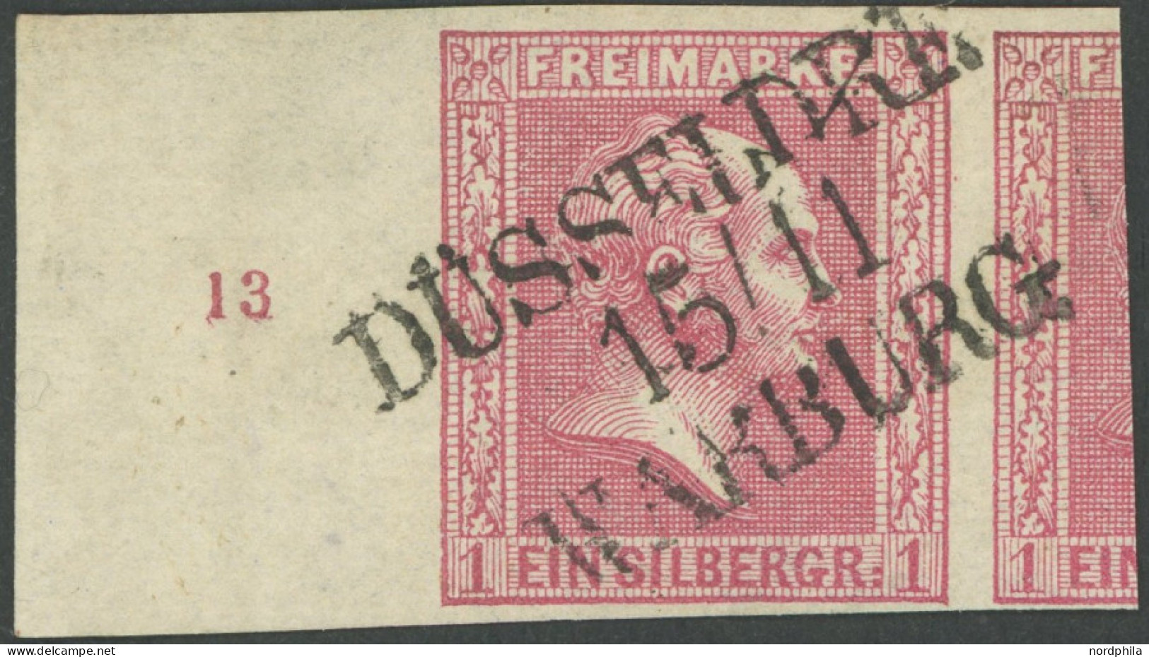 PREUSSEN 10a O, 1858, 1 Sgr. Rosa, überrandig Mit Linkem Bogenrand Und Reihenzähler 13, L3 DÜSSELDORF/WARBURG, Luxusstüc - Other & Unclassified